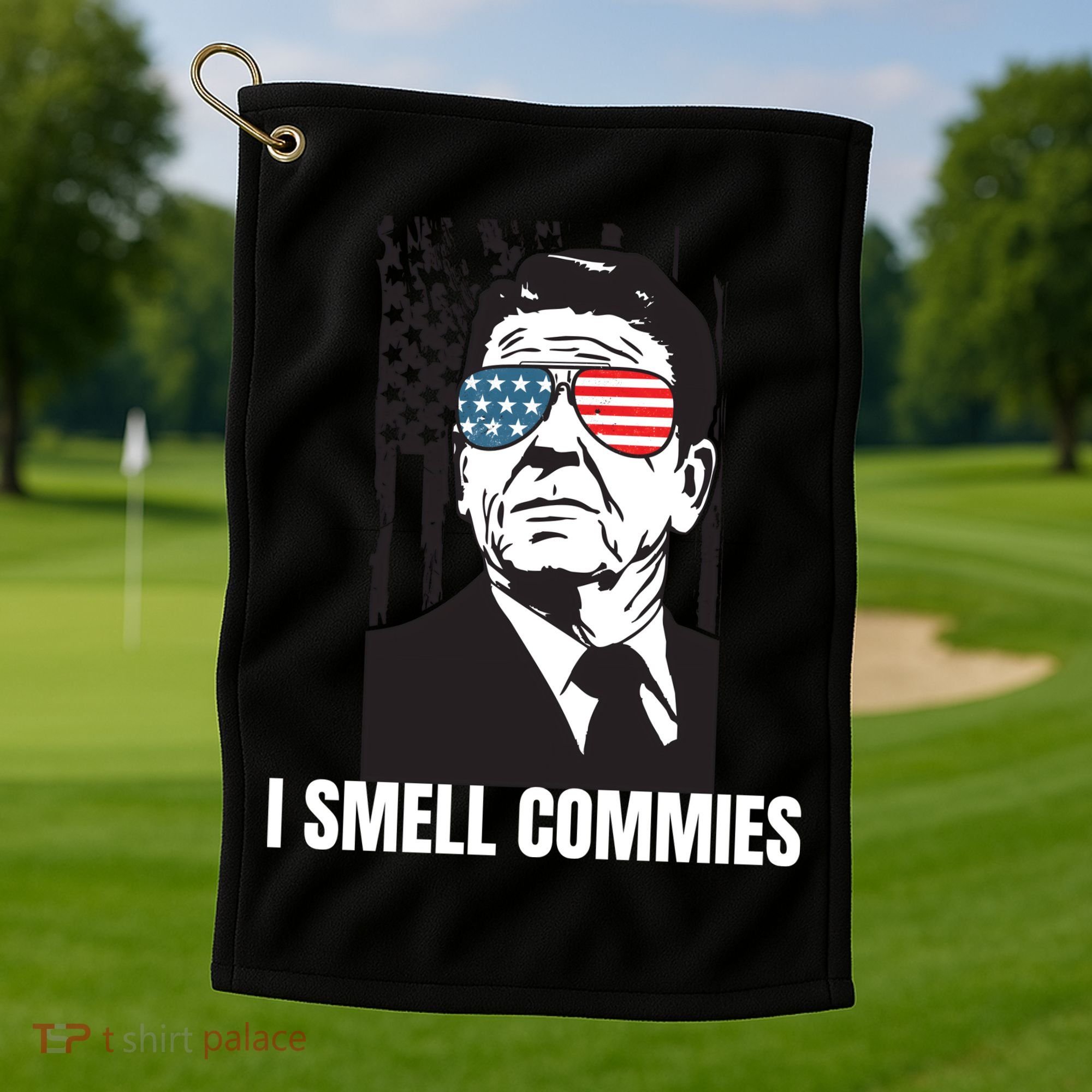 Ronald Reagan President I Smell Commies, Political Humor Golf Towel