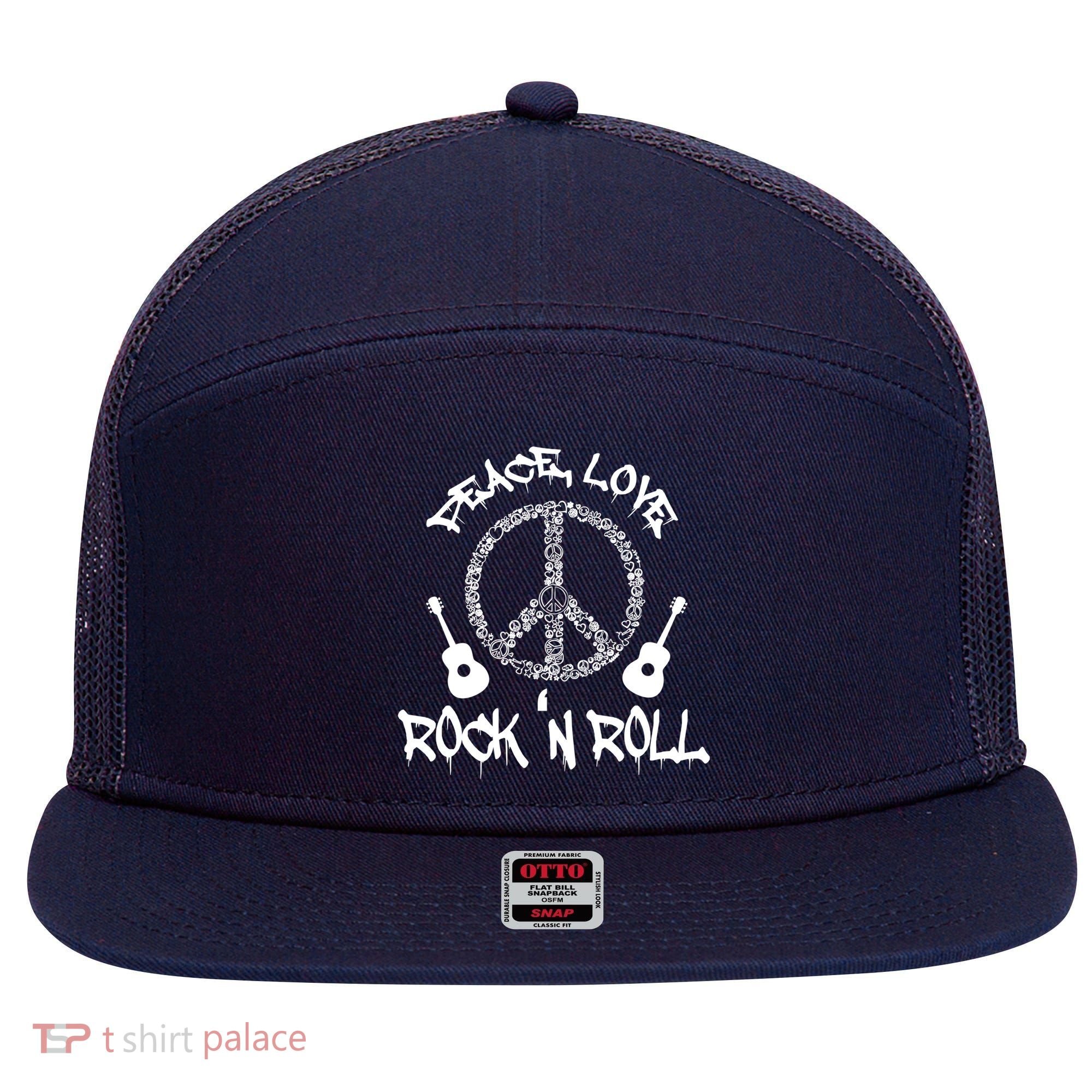 Rock'n Roll Peace Love Rock and Roll Tee 7 Panel Mesh Trucker Snapback Hat