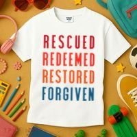 Rescued, Redeemed, Restored, Forgiven Religious Christian Kids T-Shirt thumb 3