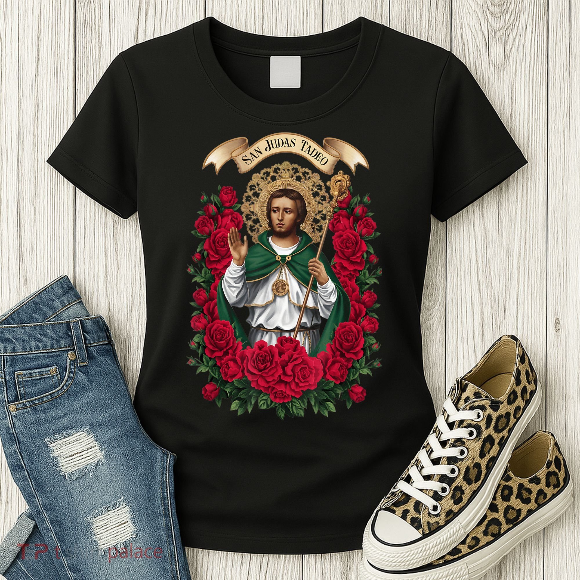 Red Roses San Judas Tadeo Con Bandera De MéXico God Women's T-Shirt