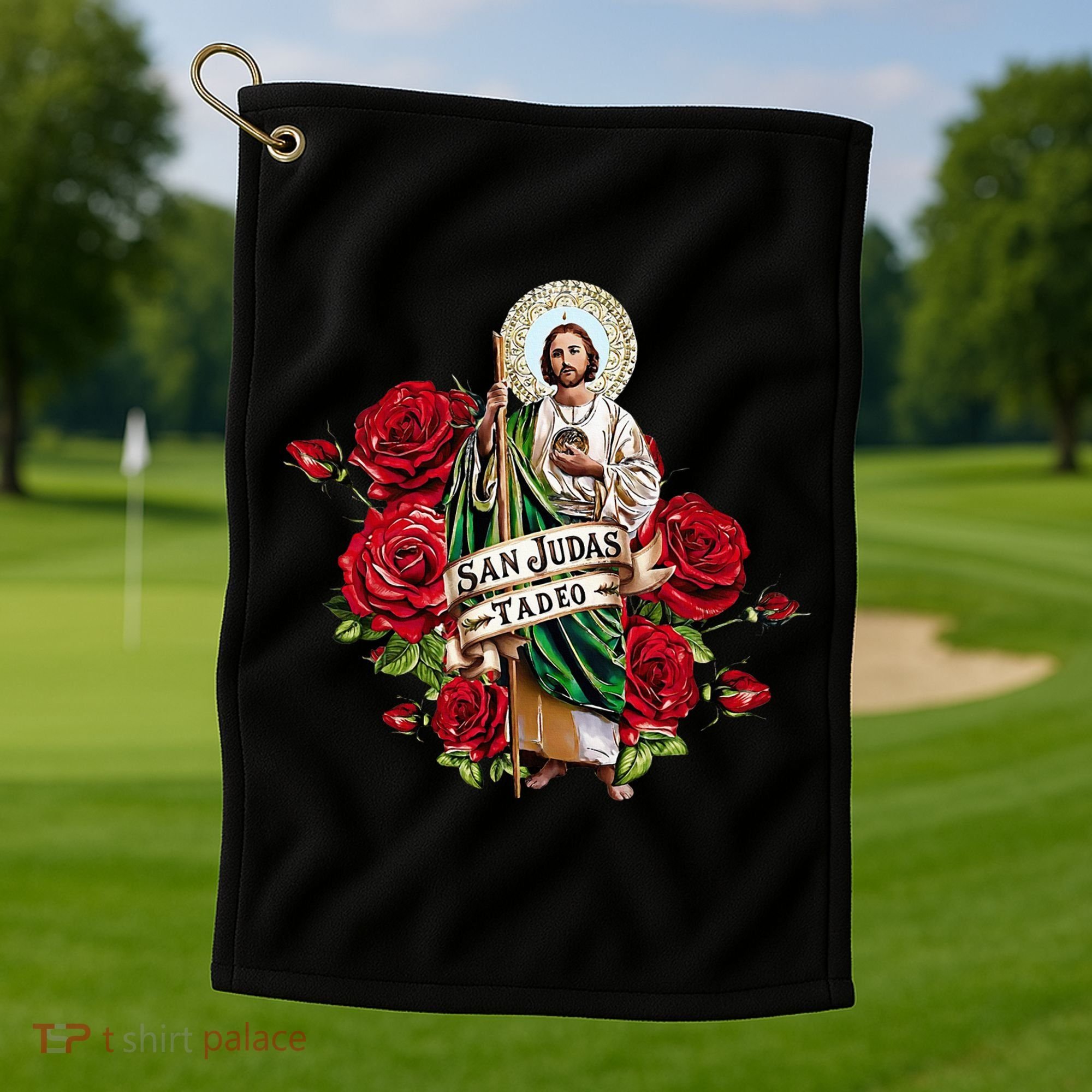 Red Roses San Judas Tadeo Con Bandera De MéXico Golf Towel