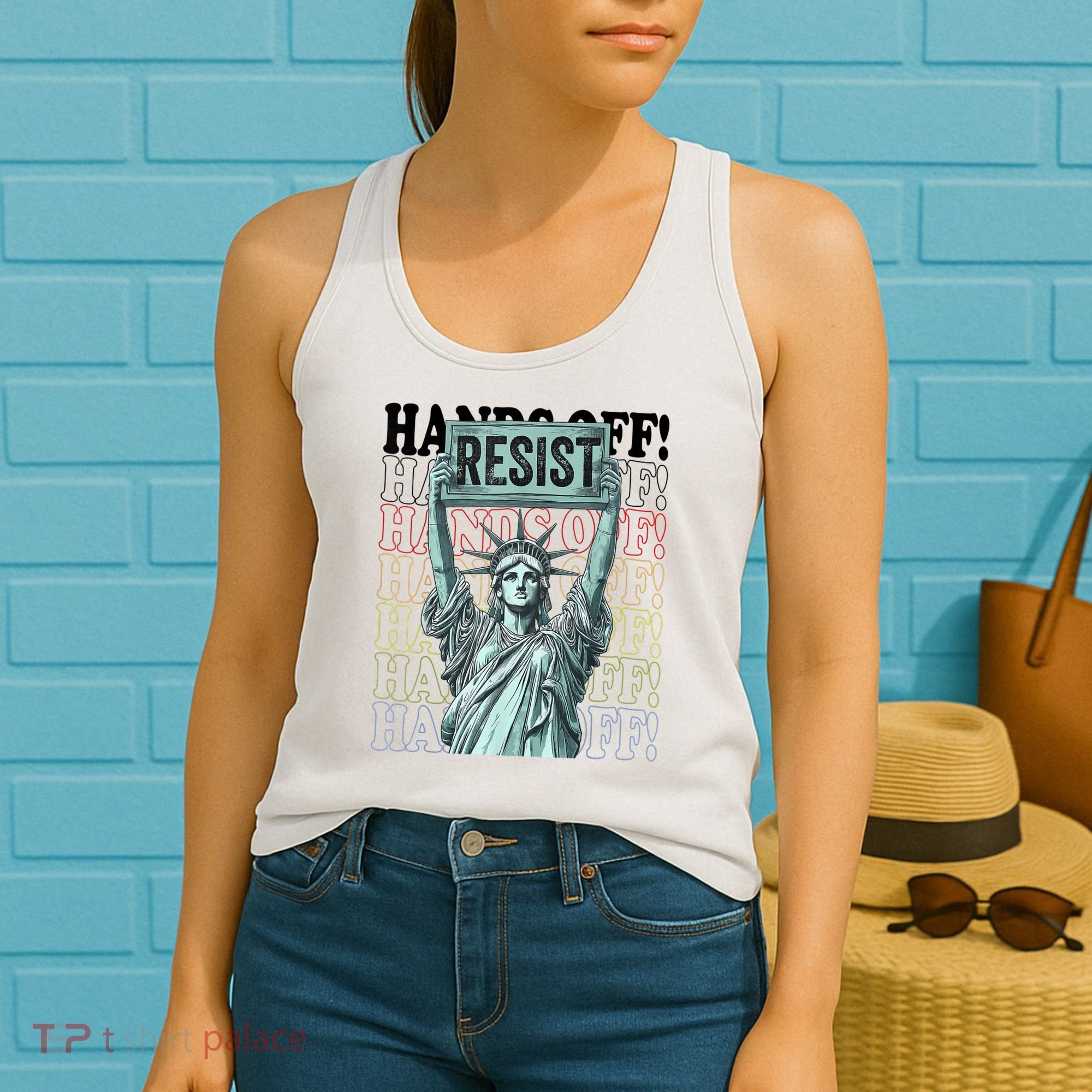 Resist Resistance Statue Of Liberty Hands Off Protest   Women's Tank Top