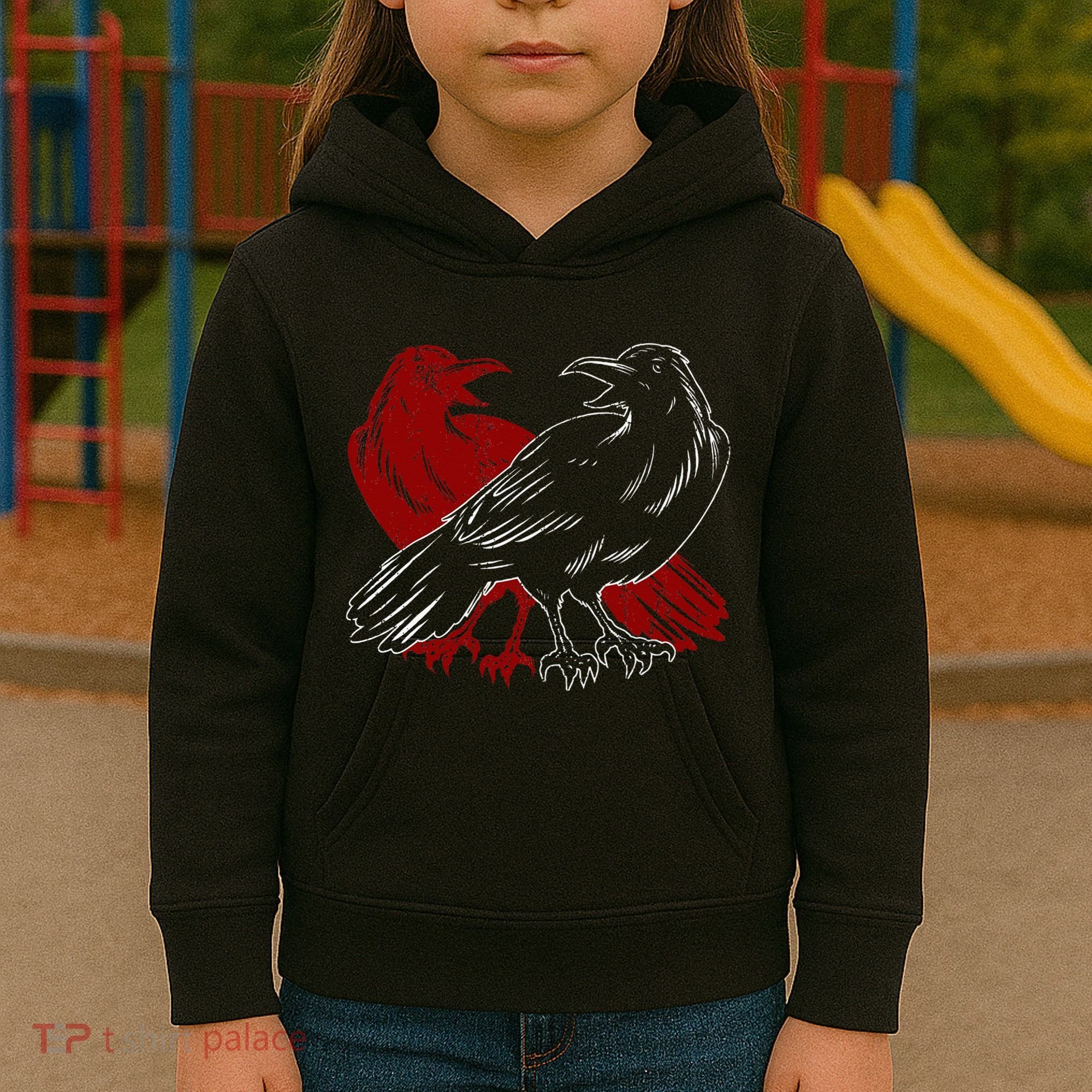 Red Raven Spooky Gothic Animal Forest Bird Black Crow Kids Hoodie