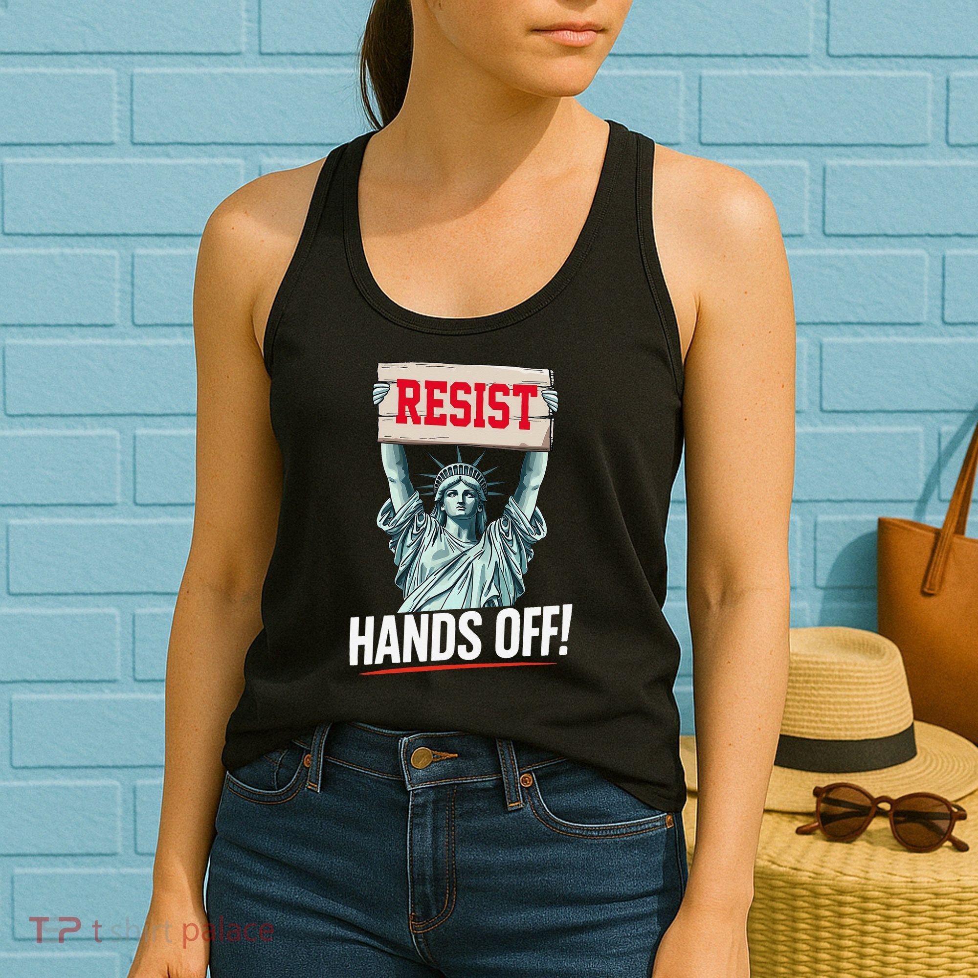 Resist Resistance Statue Of Liberty Hands Off Protest Women's Tank Top