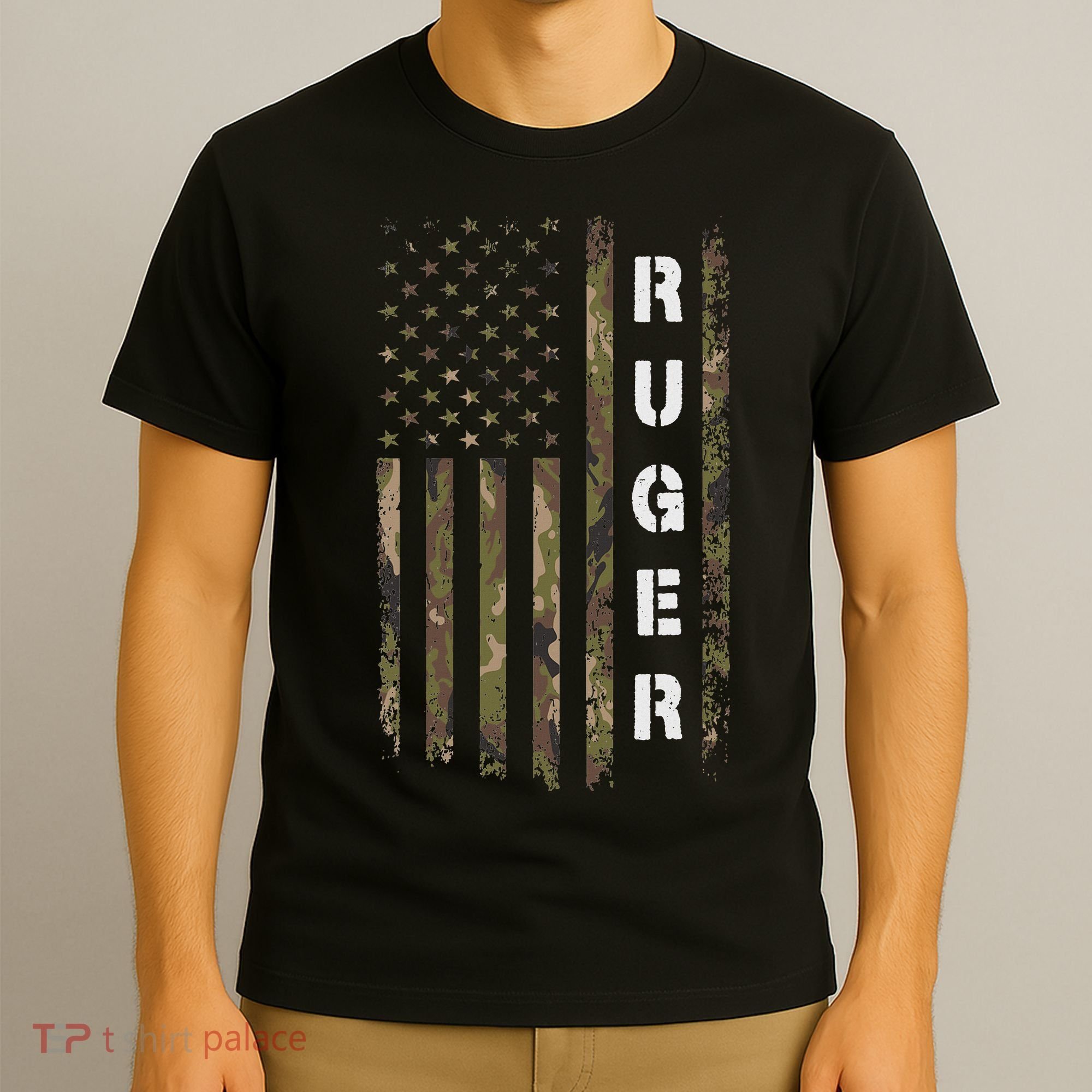 Retro Ruger Vintage Camouflage American Flag Matching Name T-Shirt