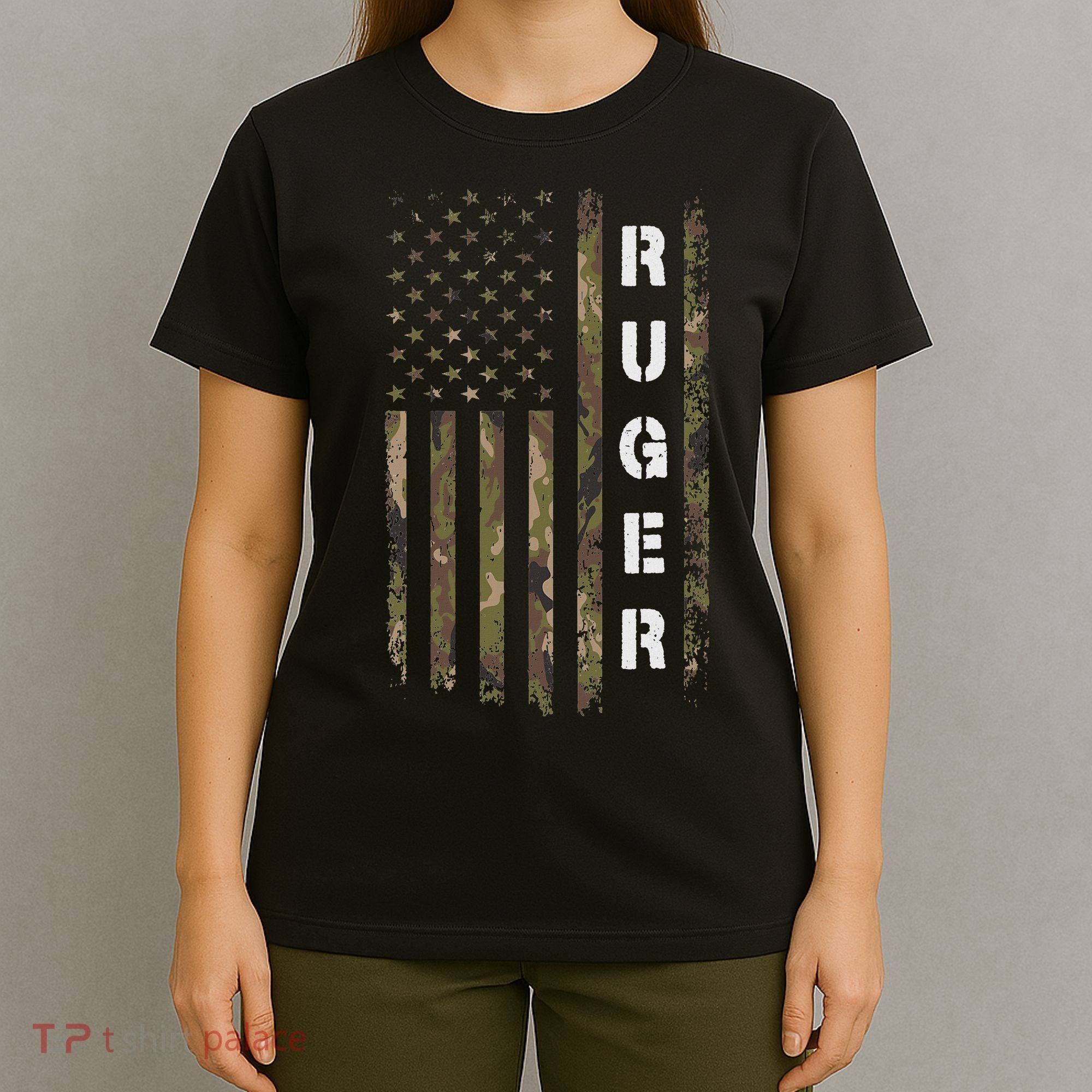 Retro Ruger Vintage Camouflage American Flag Matching Name T-Shirt