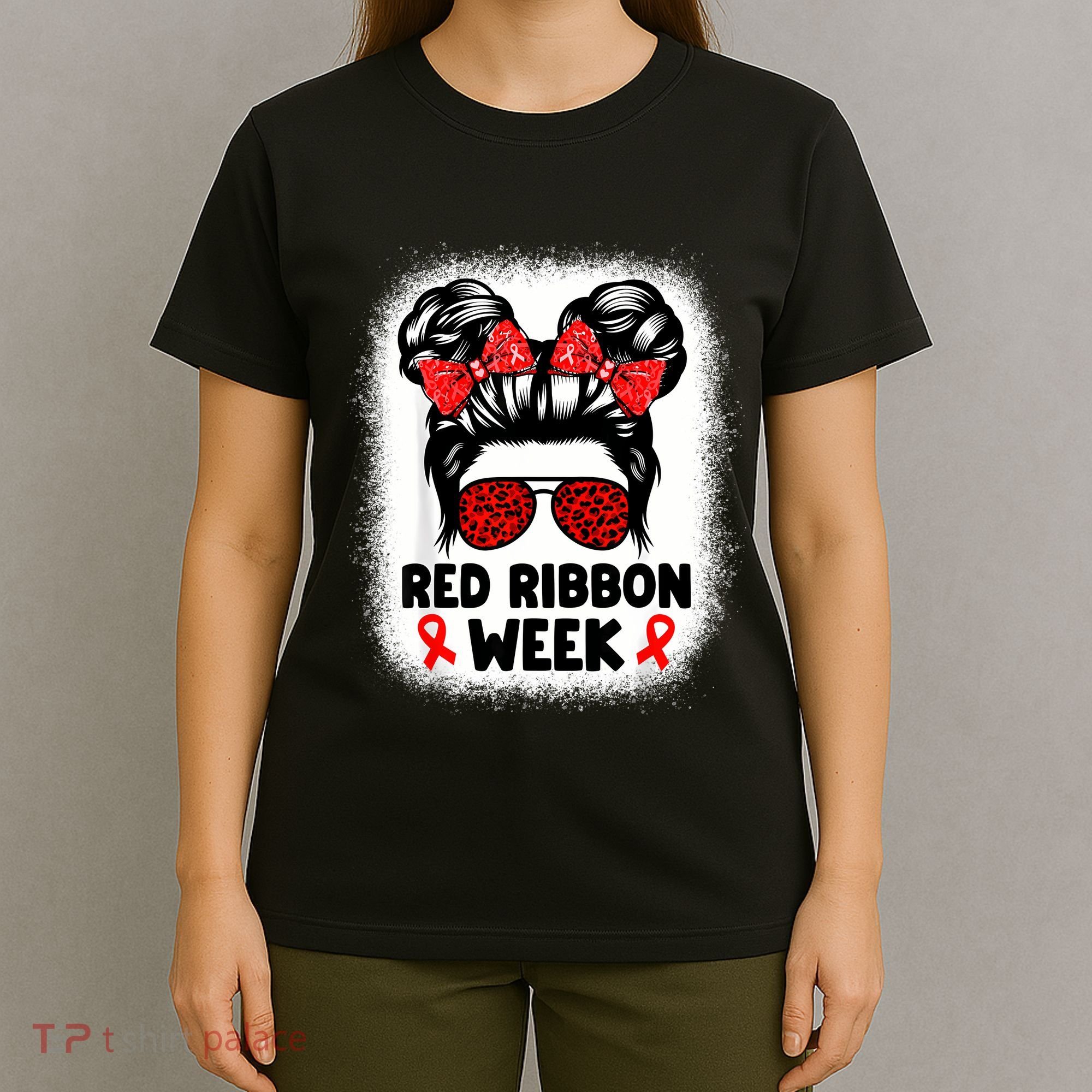 Red Ribbon Week Women Messy Bun Red Ribbon Week Awareness T-Shirt