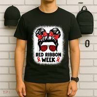 Red Ribbon Week Women Messy Bun Red Ribbon Week Awareness T-Shirt thumb 6