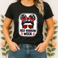 Red Ribbon Week Women Messy Bun Red Ribbon Week Awareness Women's T-Shirt thumb 2