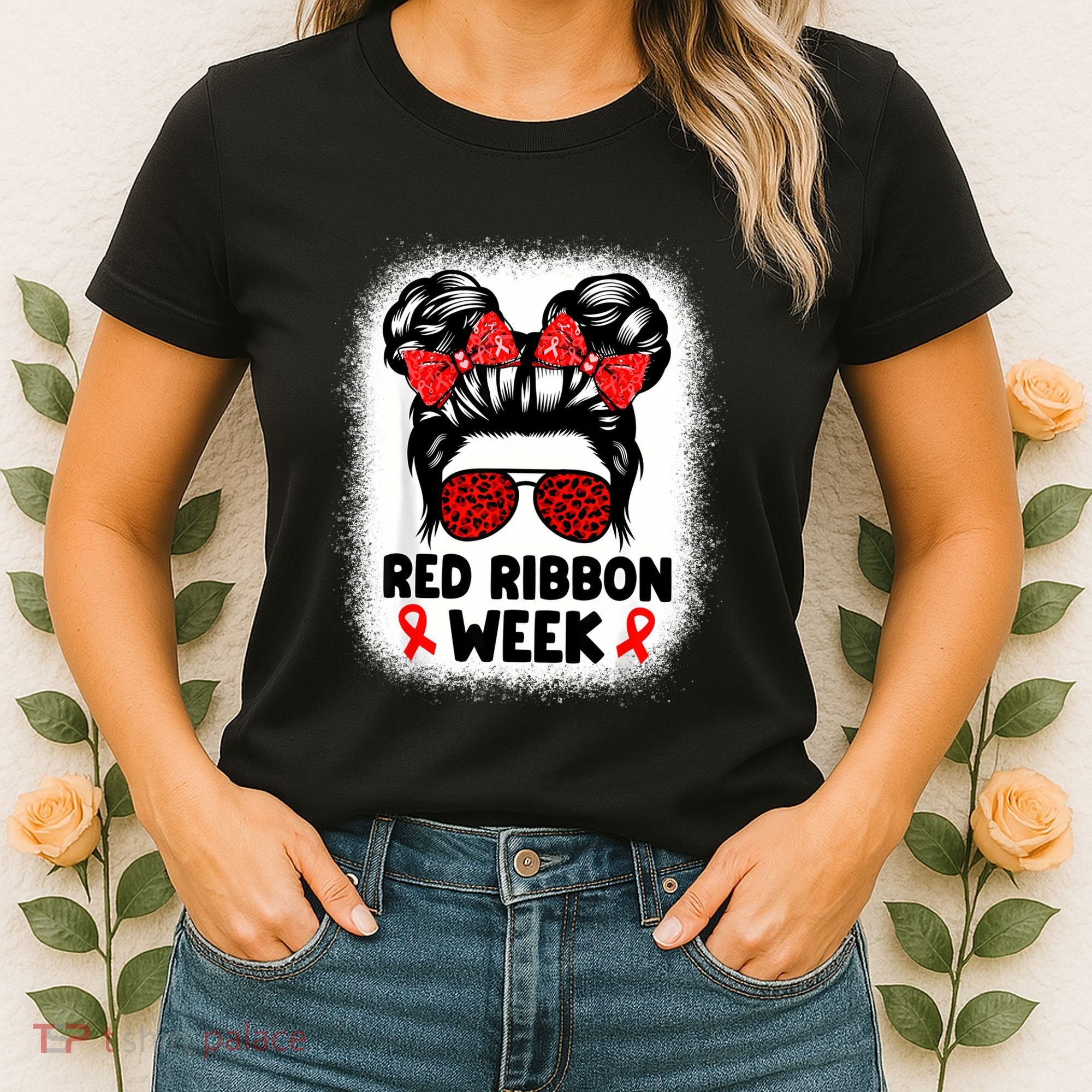 Red Ribbon Week Women Messy Bun Red Ribbon Week Awareness Women's T-Shirt
