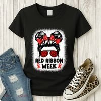 Red Ribbon Week Women Messy Bun Red Ribbon Week Awareness Women's T-Shirt thumb 3