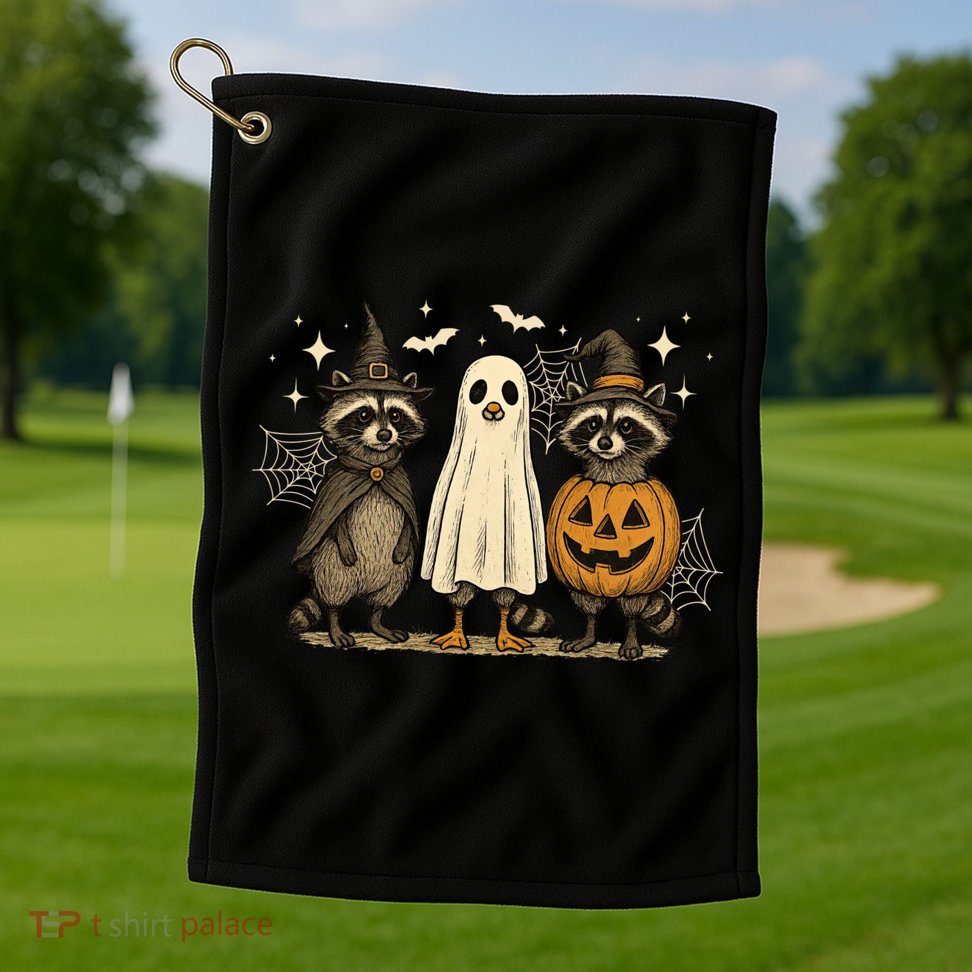 Retro Raccoon Witch Scary Halloween Pumpkin  Golf Towel