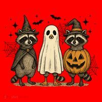 Retro Raccoon Witch Scary Halloween Pumpkin  Santa Hat thumb 1