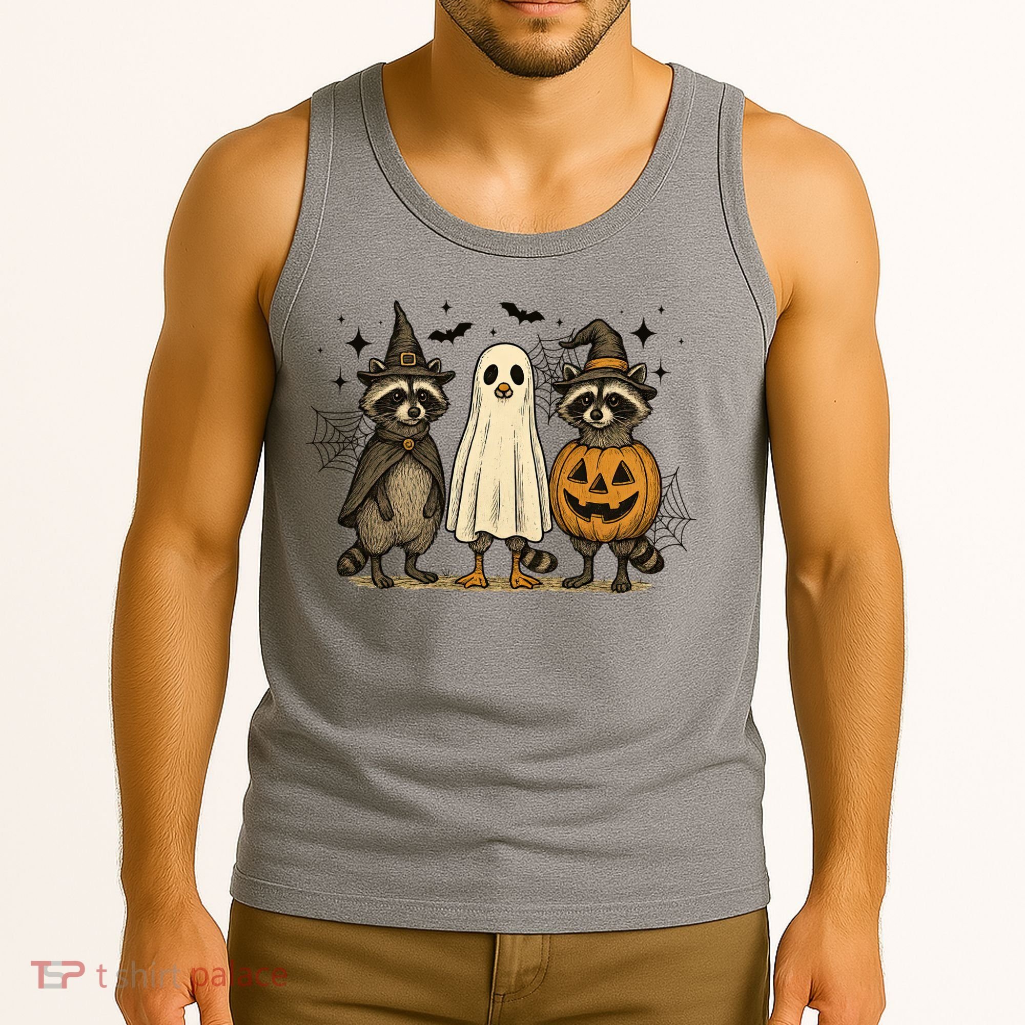 Retro Raccoon Witch Scary Halloween Pumpkin  Tank Top
