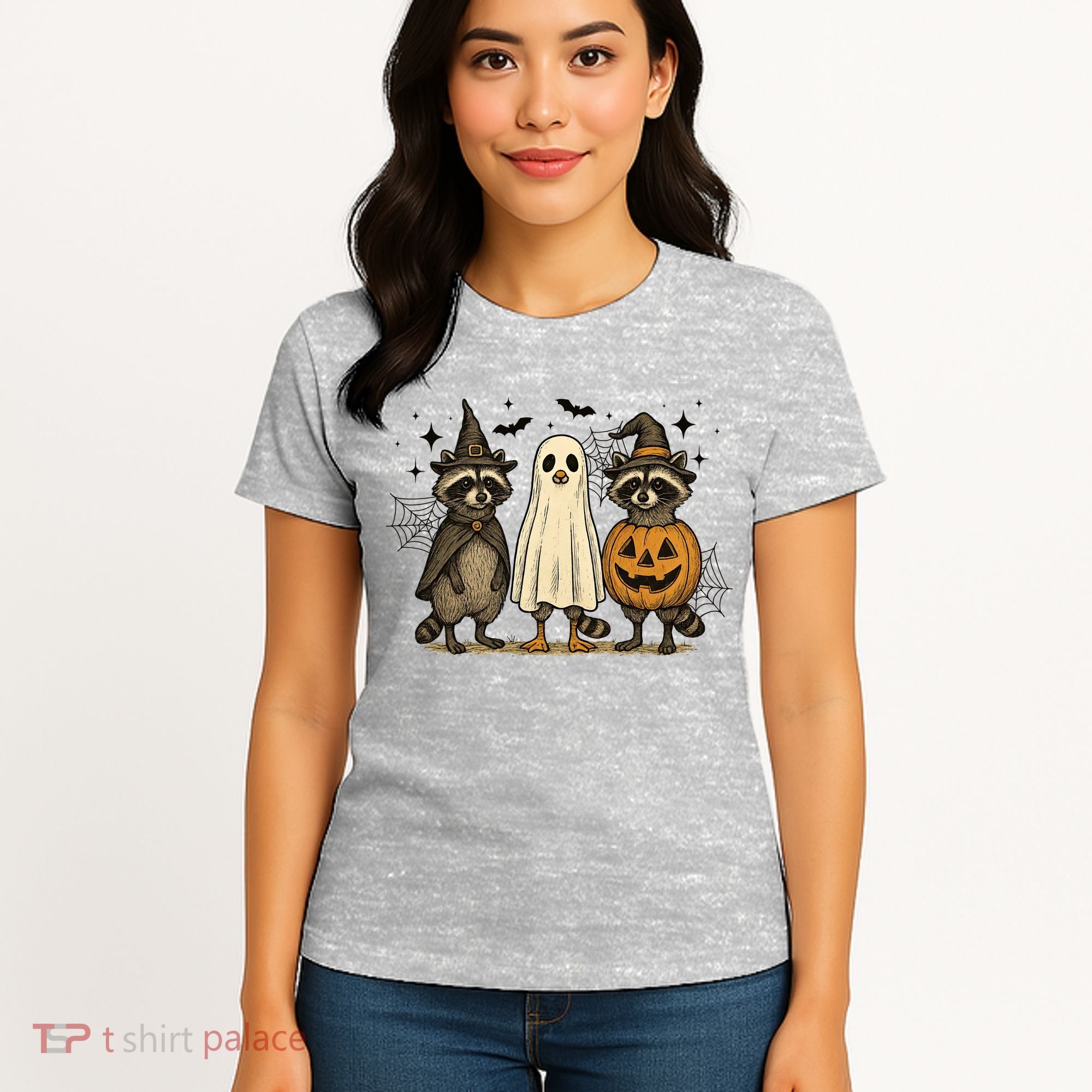 Retro Raccoon Witch Scary Halloween Pumpkin  Women's T-Shirt