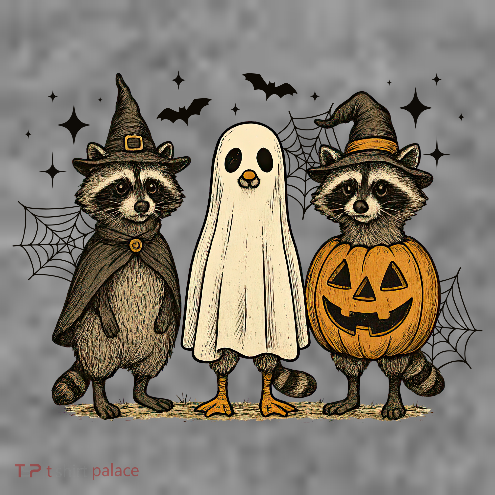 Retro Raccoon Witch Scary Halloween Pumpkin  Women's T-Shirt