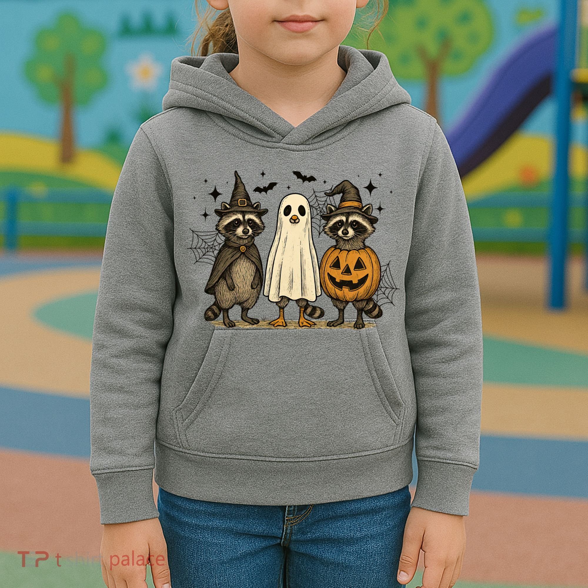 Retro Raccoon Witch Scary Halloween Pumpkin  Kids Hoodie