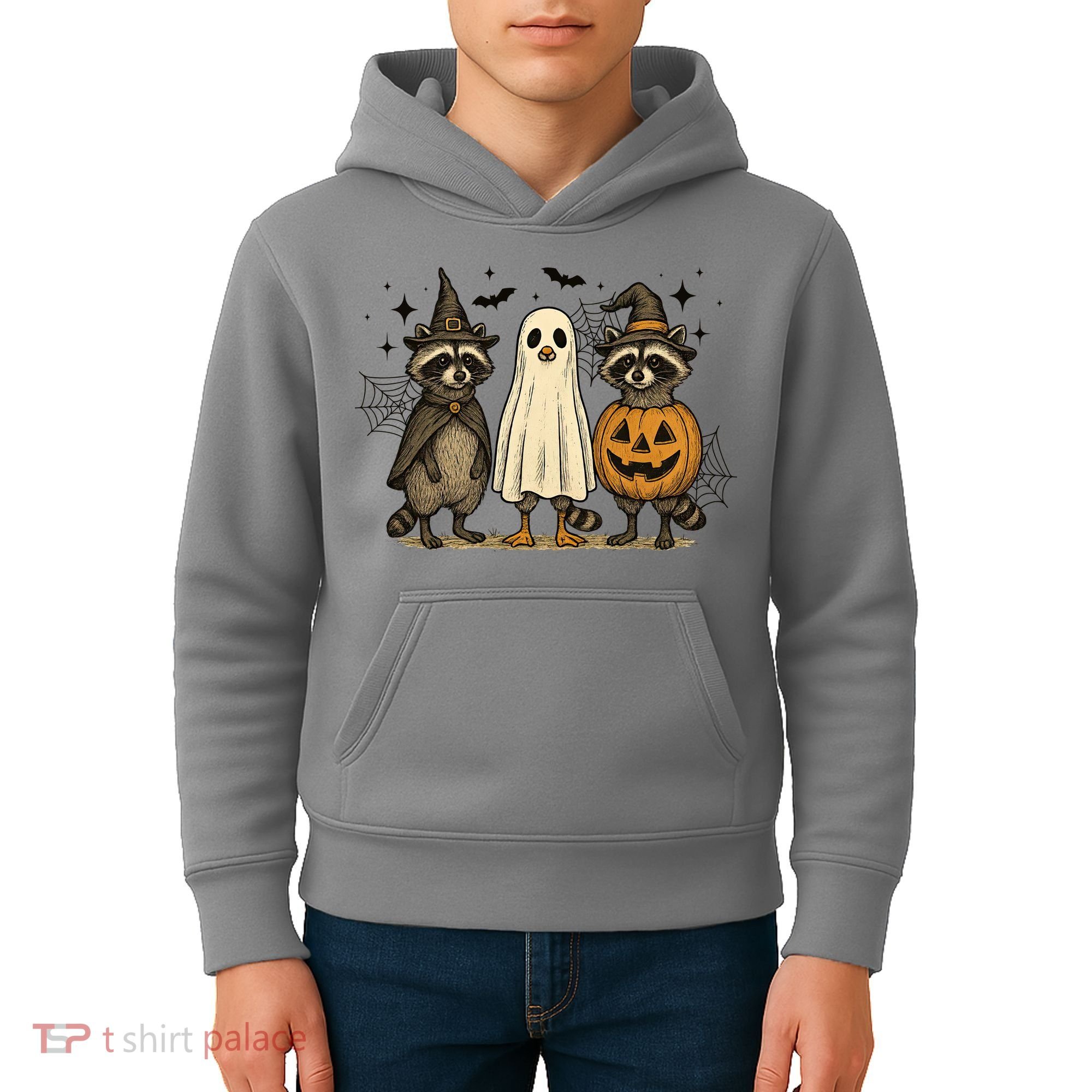Retro Raccoon Witch Scary Halloween Pumpkin  Kids Hoodie
