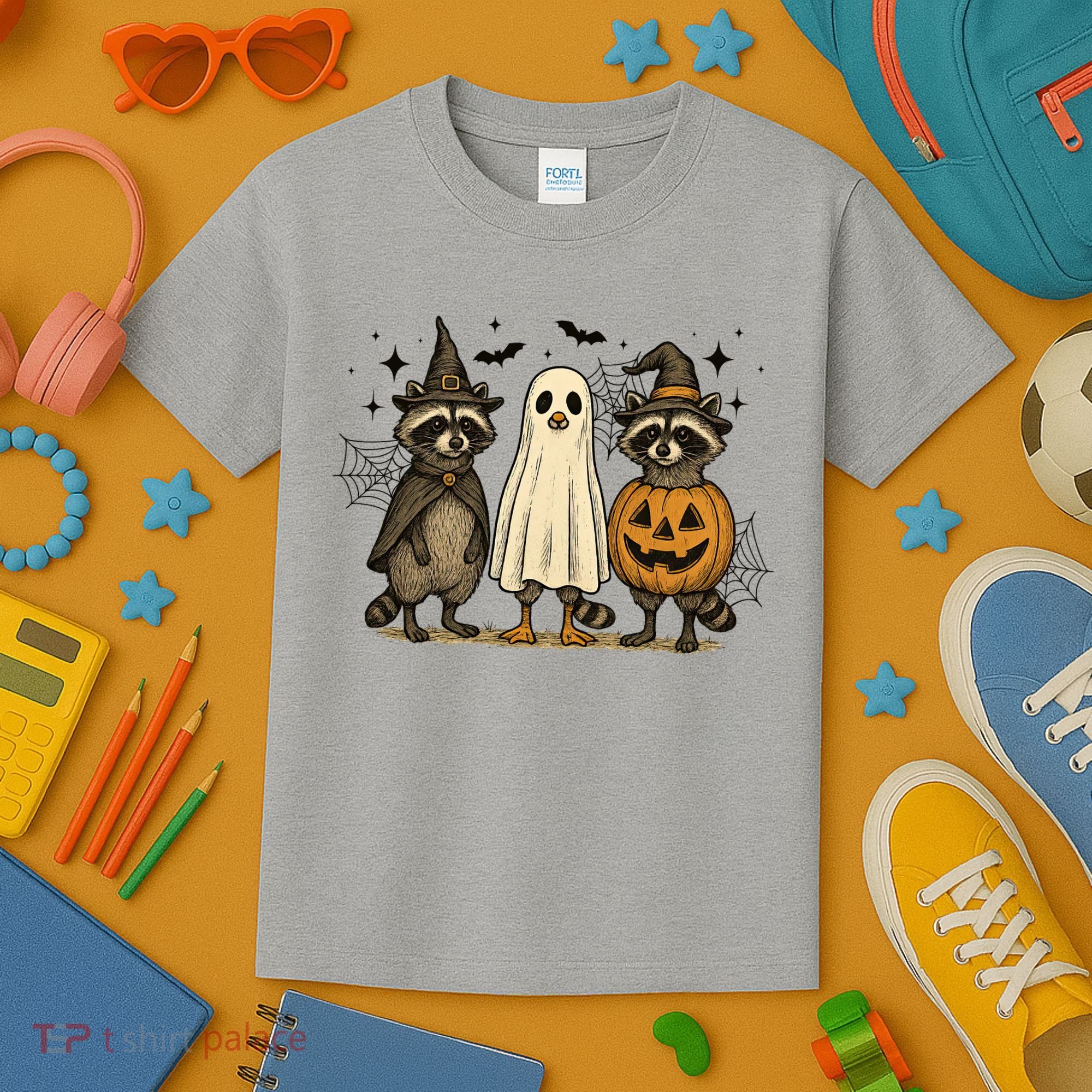 Retro Raccoon Witch Scary Halloween Pumpkin  Kids T-Shirt