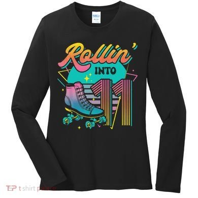 Roller Skate 11th Birthday Party Rolling into 11 Retro  Women's Long Sleeve Shirt