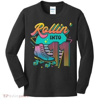 Roller Skate 11th Birthday Party Rolling into 11 Retro  Kids Long Sleeve Shirt