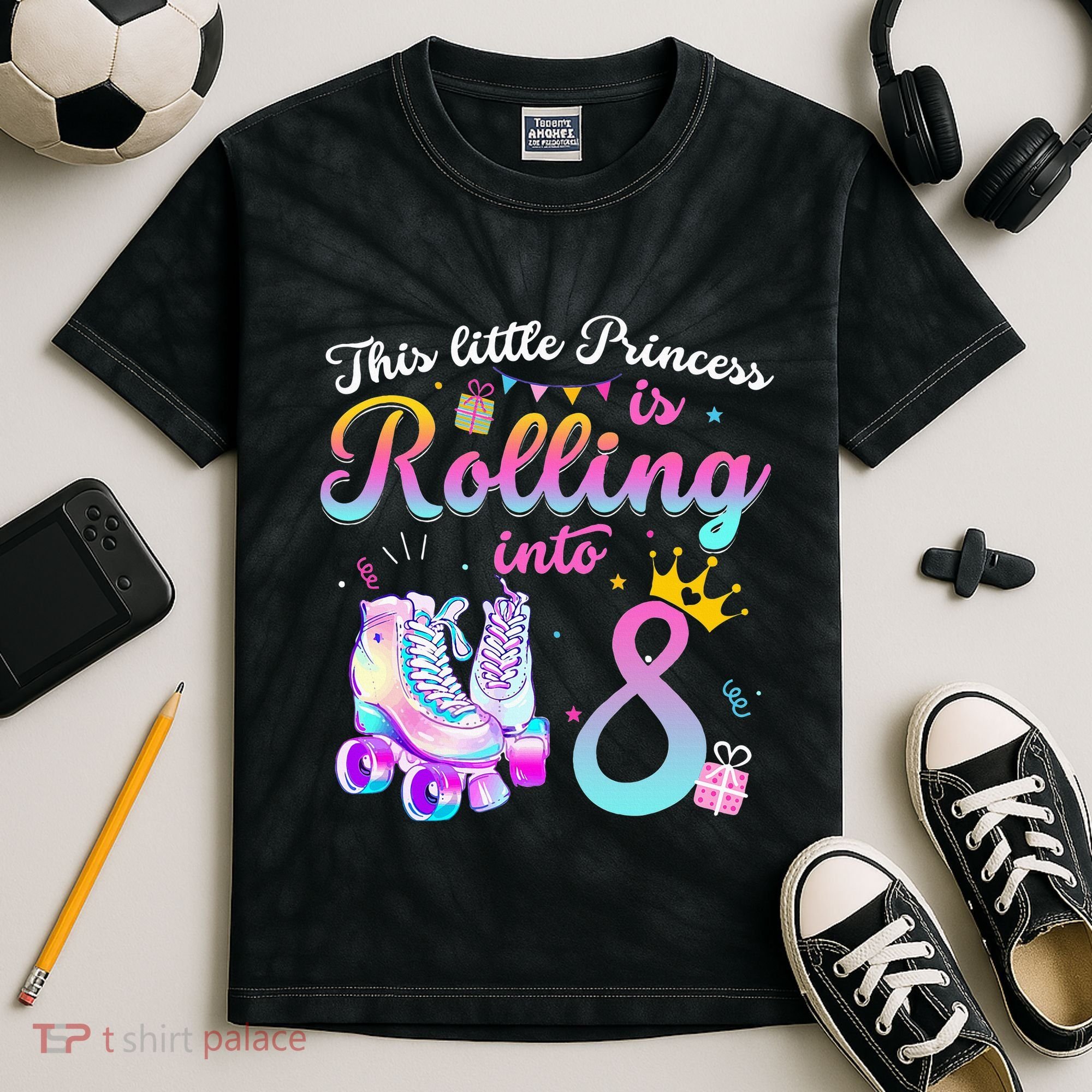Roller Skate 8th Birthday 8 Year Old Girl Party Outfit Kids Tie-Dye T-Shirt