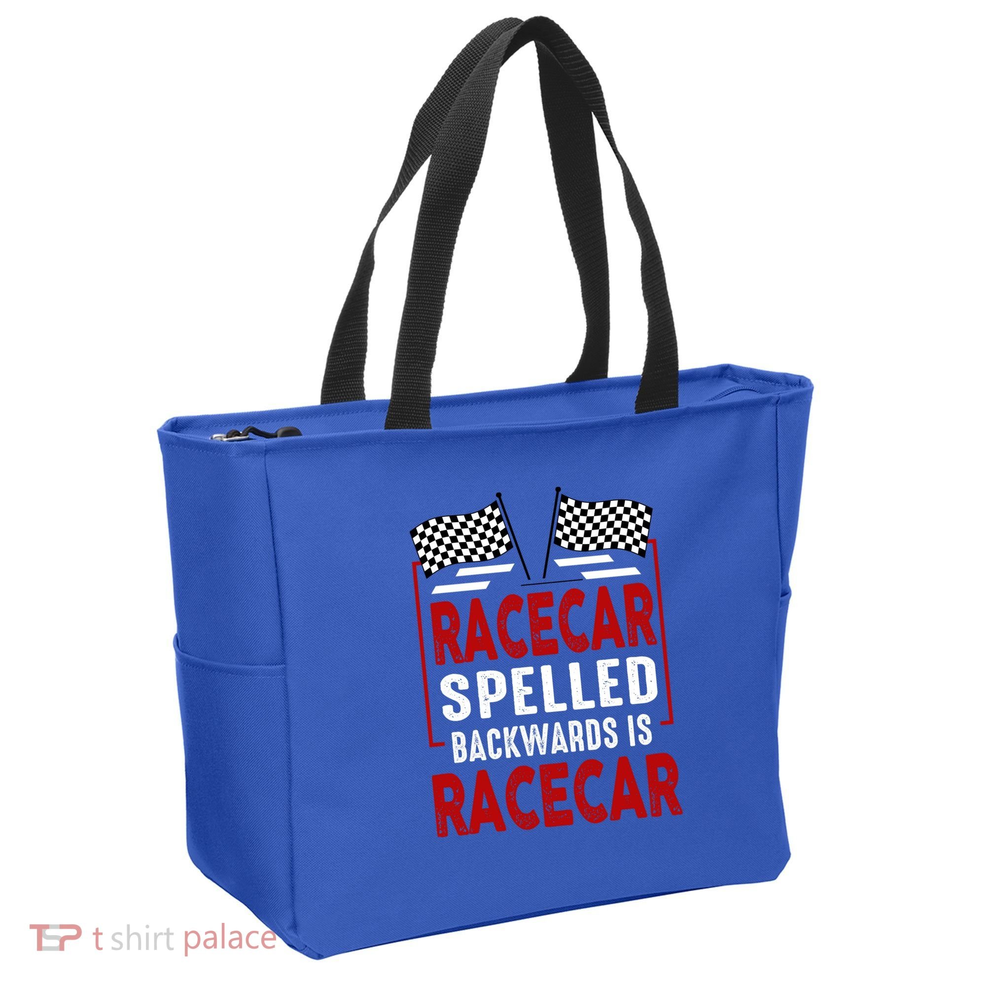 Racecar Spelled Backwards Funny Car Mechanic Race Car Tote Bag