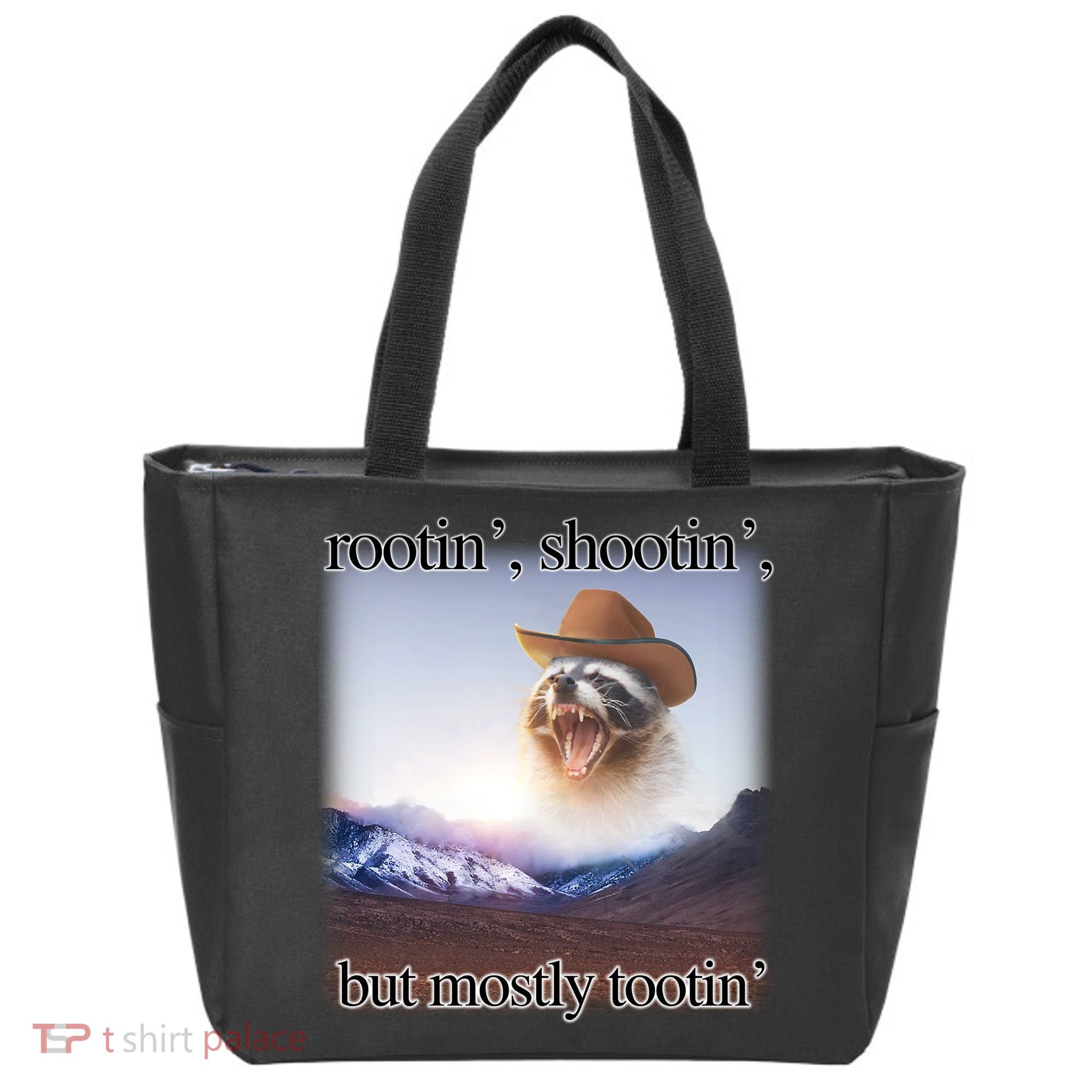 Rootin Shootin But Mostly Tootin Cowboy Raccoon Word Art Tote Bag
