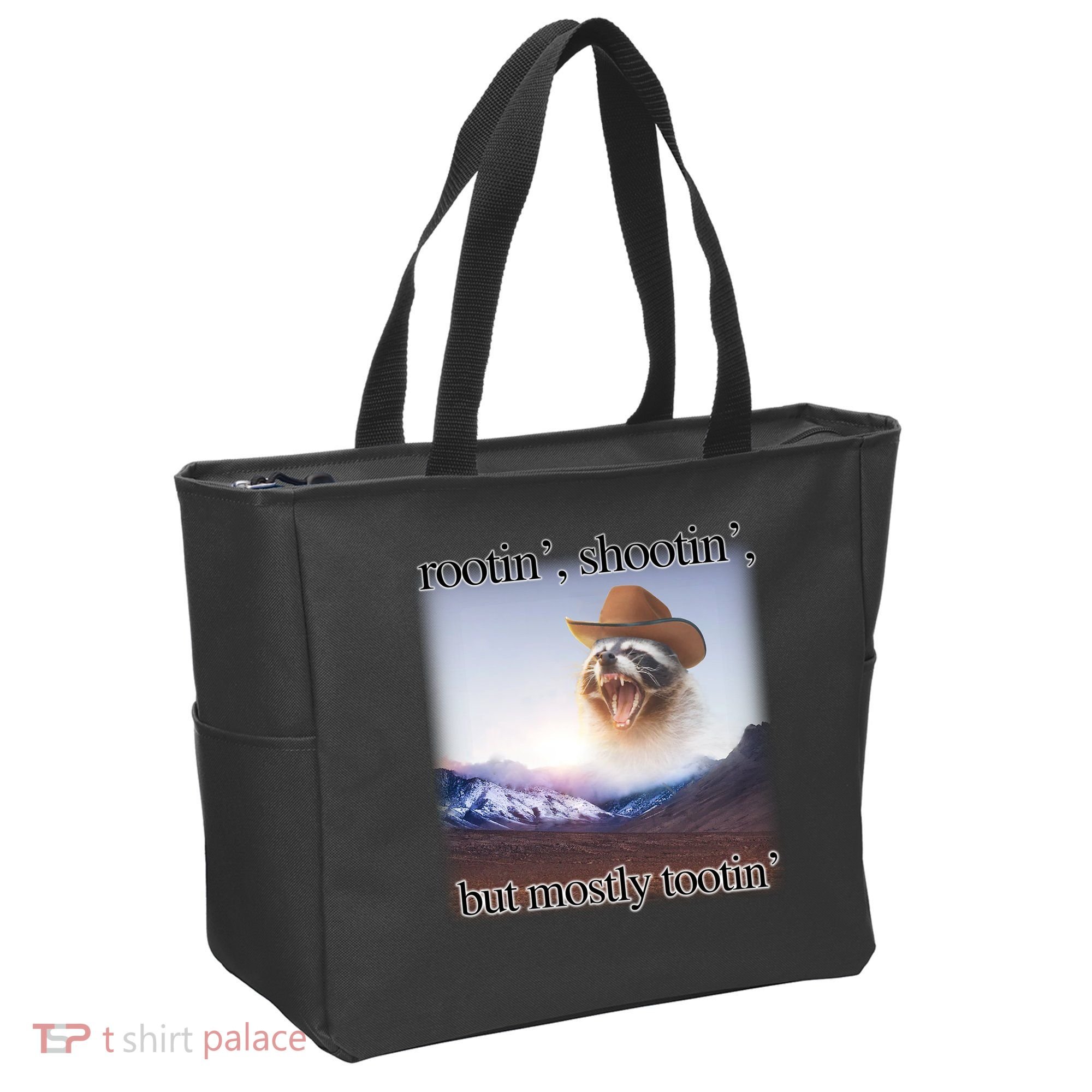 Rootin Shootin But Mostly Tootin Cowboy Raccoon Word Art Tote Bag
