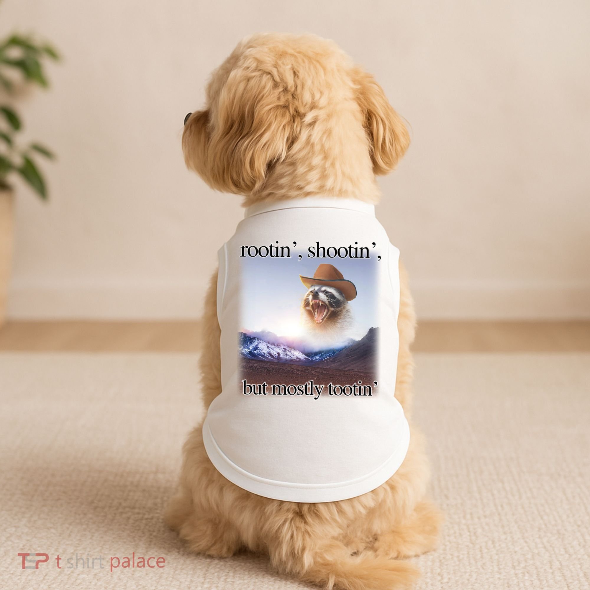 Rootin Shootin But Mostly Tootin Cowboy Raccoon Word Art Doggie Tank