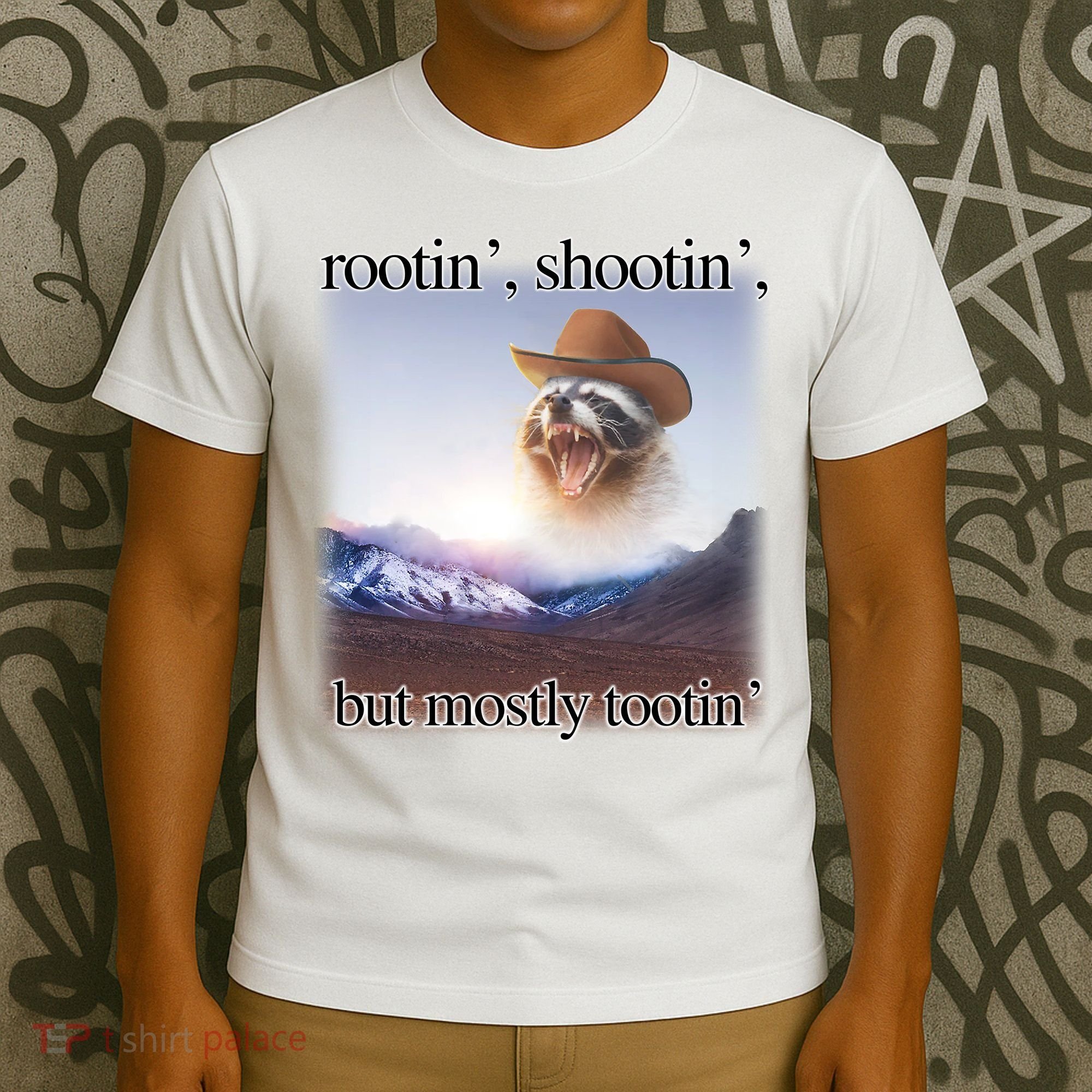 Rootin Shootin But Mostly Tootin Cowboy Raccoon Word Art T-Shirt