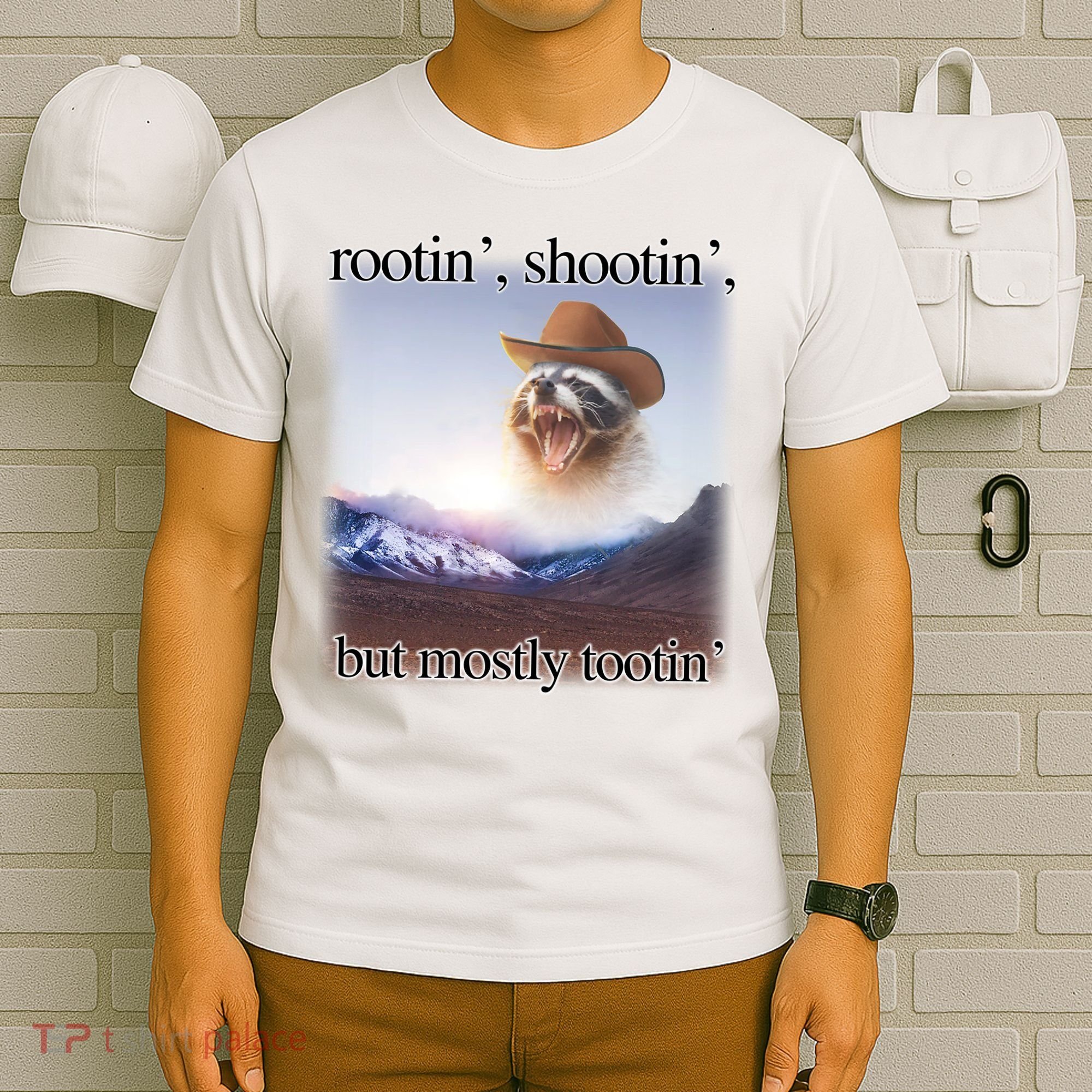 Rootin Shootin But Mostly Tootin Cowboy Raccoon Word Art T-Shirt