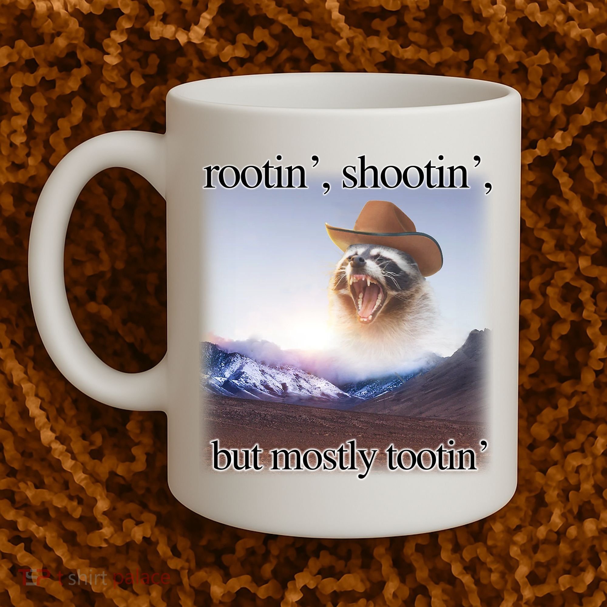 Rootin Shootin But Mostly Tootin Cowboy Raccoon Word Art Coffee Mug