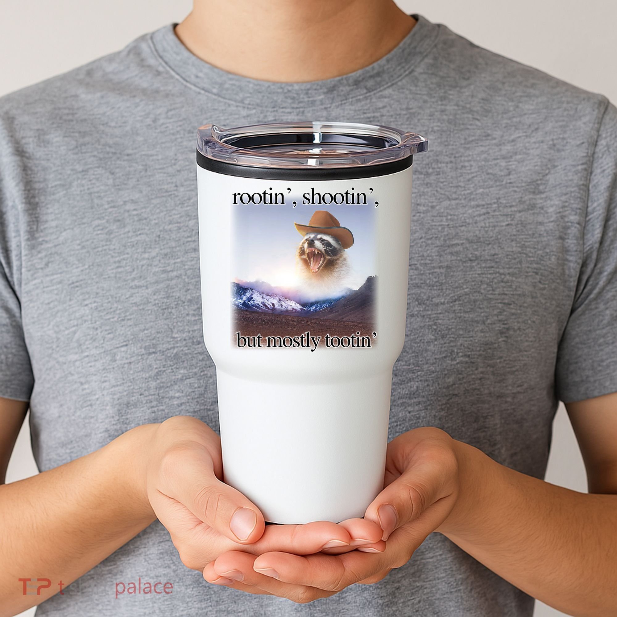 Rootin Shootin But Mostly Tootin Cowboy Raccoon Word Art Tumbler