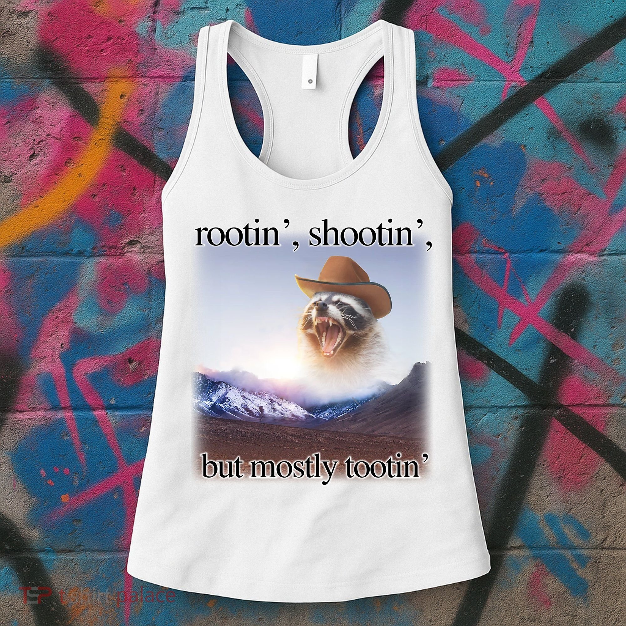Rootin Shootin But Mostly Tootin Cowboy Raccoon Word Art Women's Tank Top