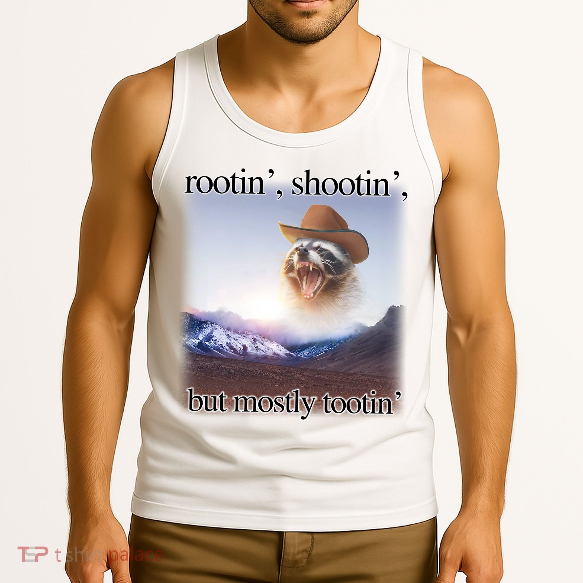 Rootin Shootin But Mostly Tootin Cowboy Raccoon Word Art Tank Top