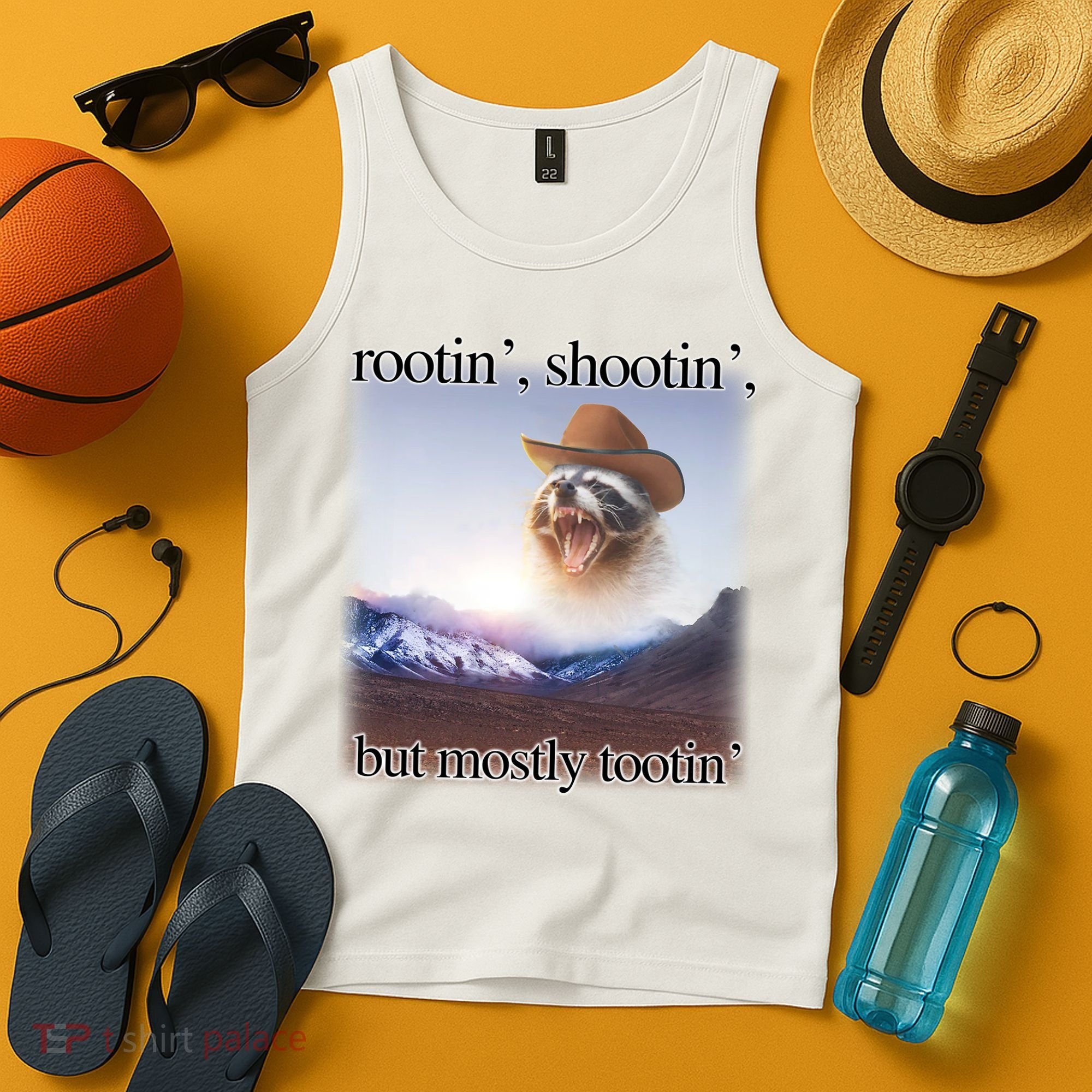Rootin Shootin But Mostly Tootin Cowboy Raccoon Word Art Tank Top