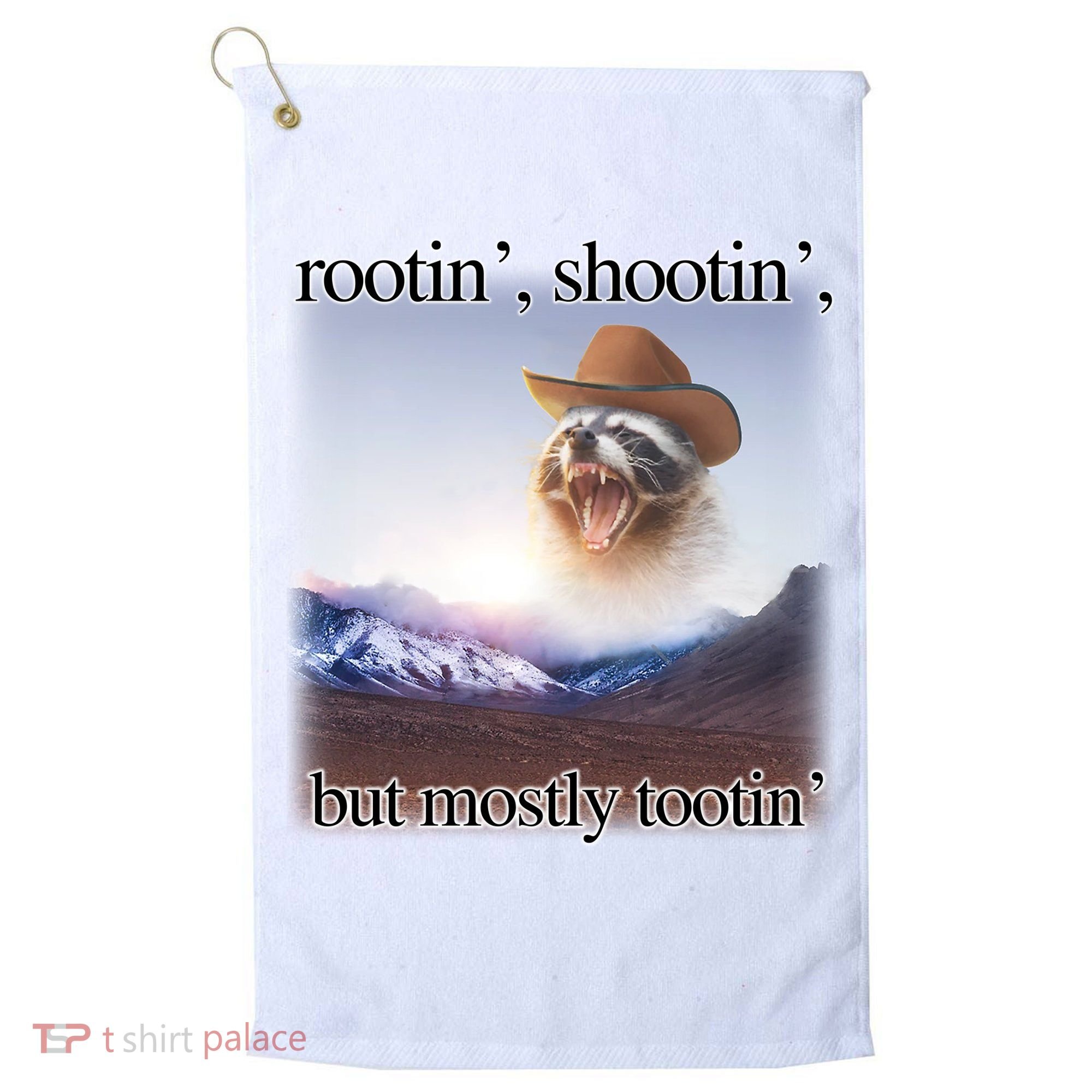 Rootin Shootin But Mostly Tootin Cowboy Raccoon Word Art Golf Towel