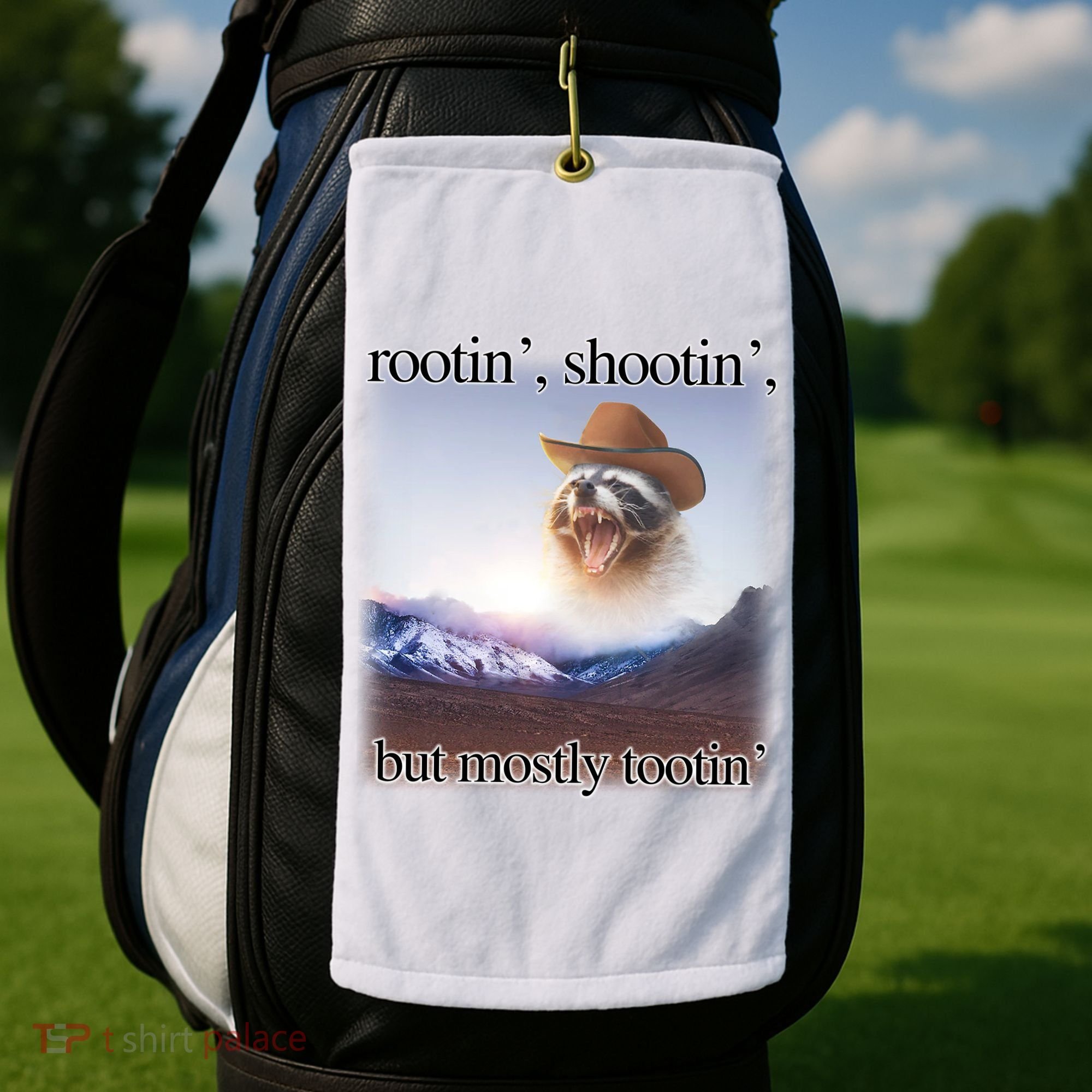 Rootin Shootin But Mostly Tootin Cowboy Raccoon Word Art Golf Towel