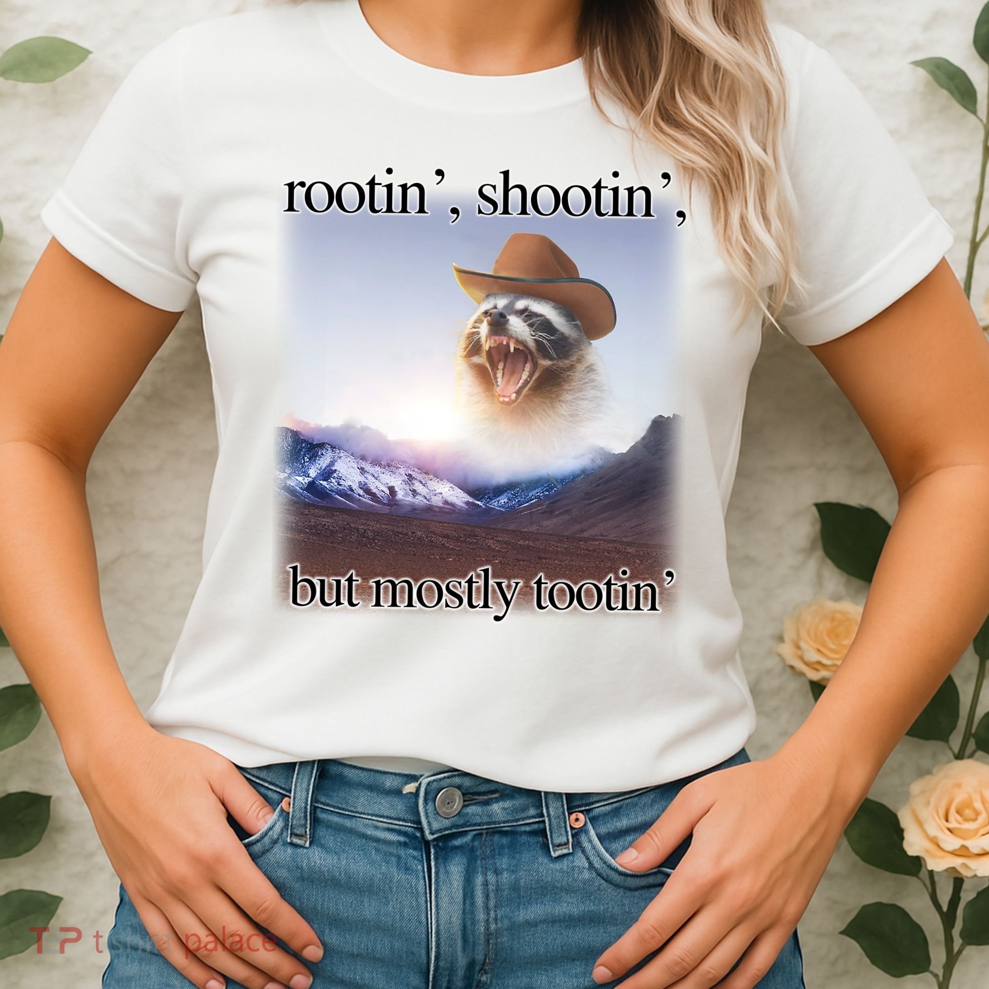 Rootin Shootin But Mostly Tootin Cowboy Raccoon Word Art Women's T-Shirt