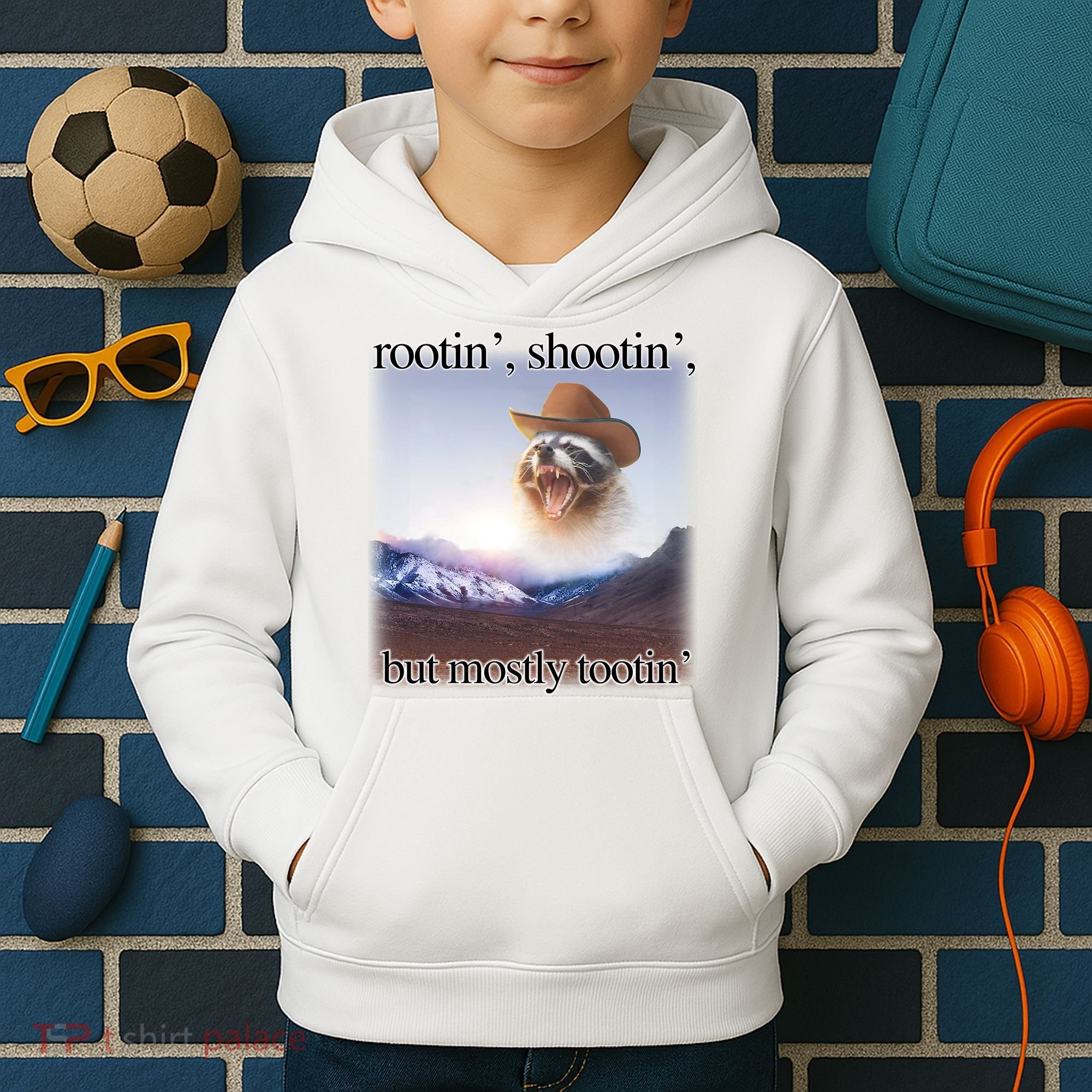 Rootin Shootin But Mostly Tootin Cowboy Raccoon Word Art Kids Hoodie