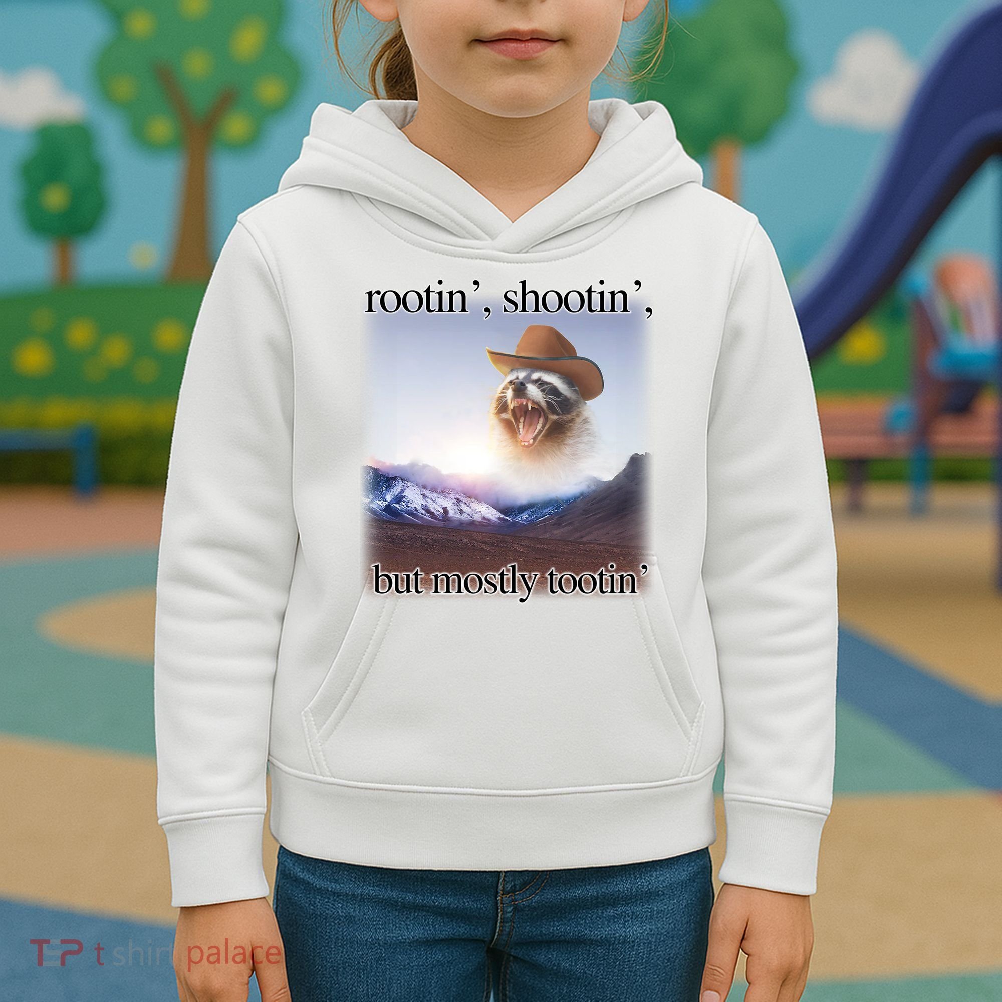 Rootin Shootin But Mostly Tootin Cowboy Raccoon Word Art Kids Hoodie