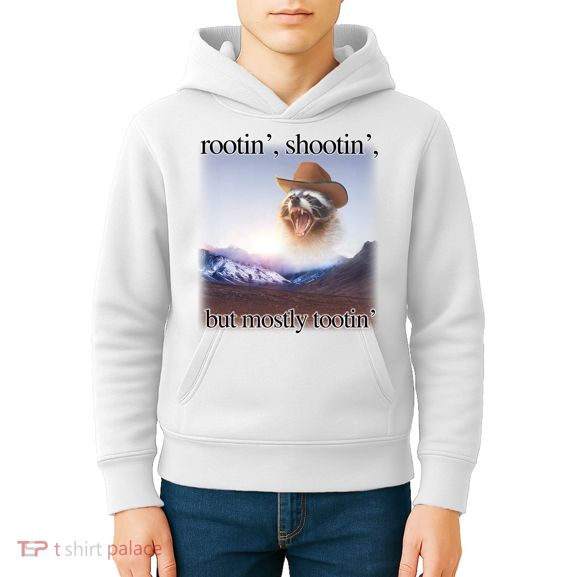 Rootin Shootin But Mostly Tootin Cowboy Raccoon Word Art Kids Hoodie