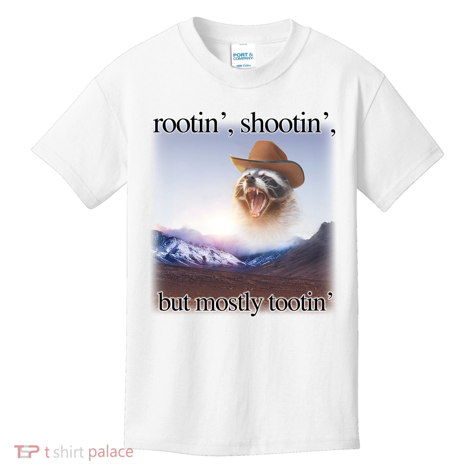Rootin Shootin But Mostly Tootin Cowboy Raccoon Word Art Kids T-Shirt