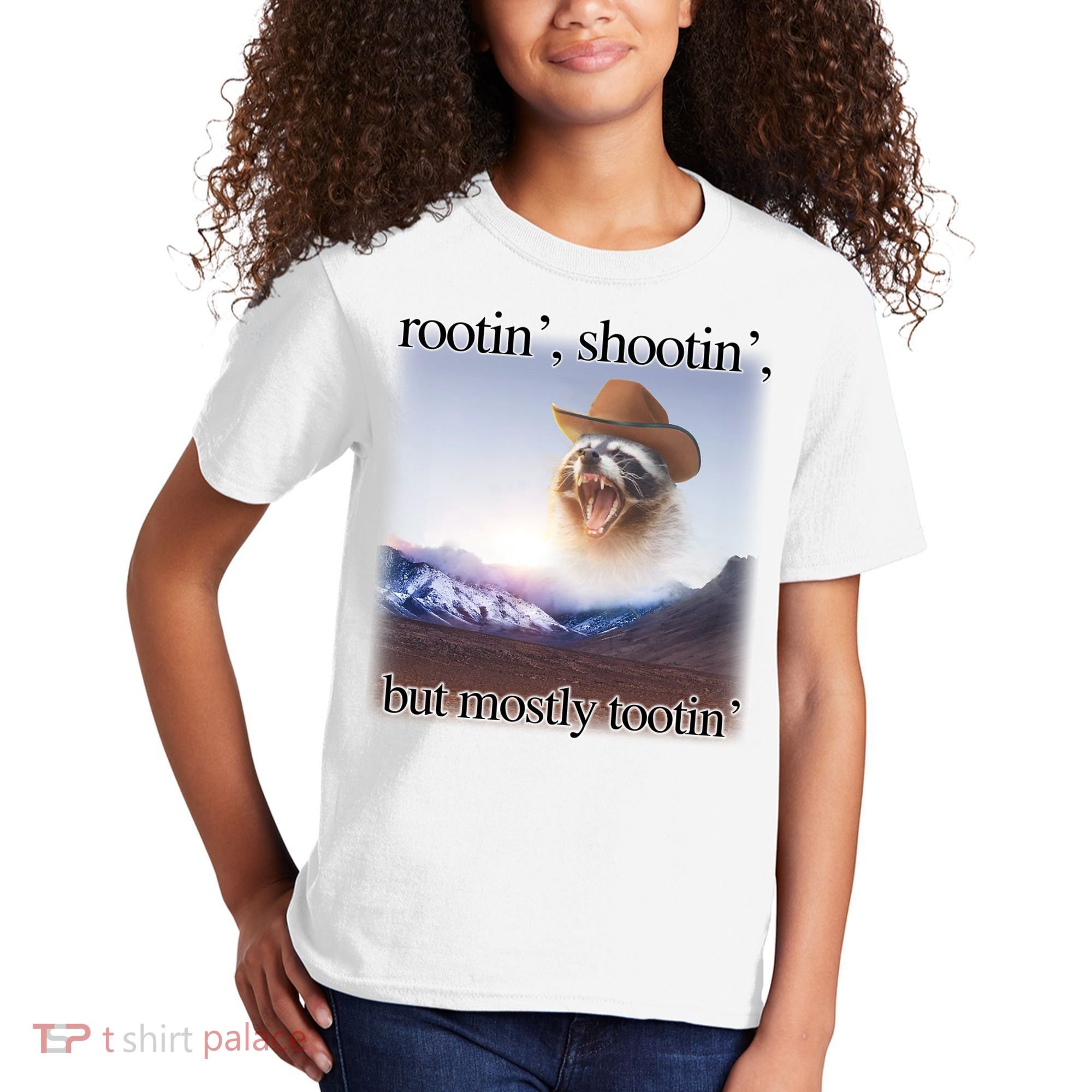 Rootin Shootin But Mostly Tootin Cowboy Raccoon Word Art Kids T-Shirt