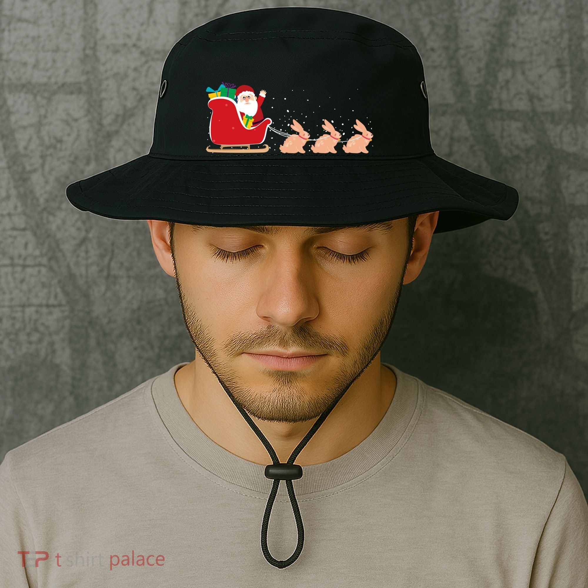 Rabbit Santa Christmas Sleigh Funny Rabbit Xmas Gift Bucket Hat