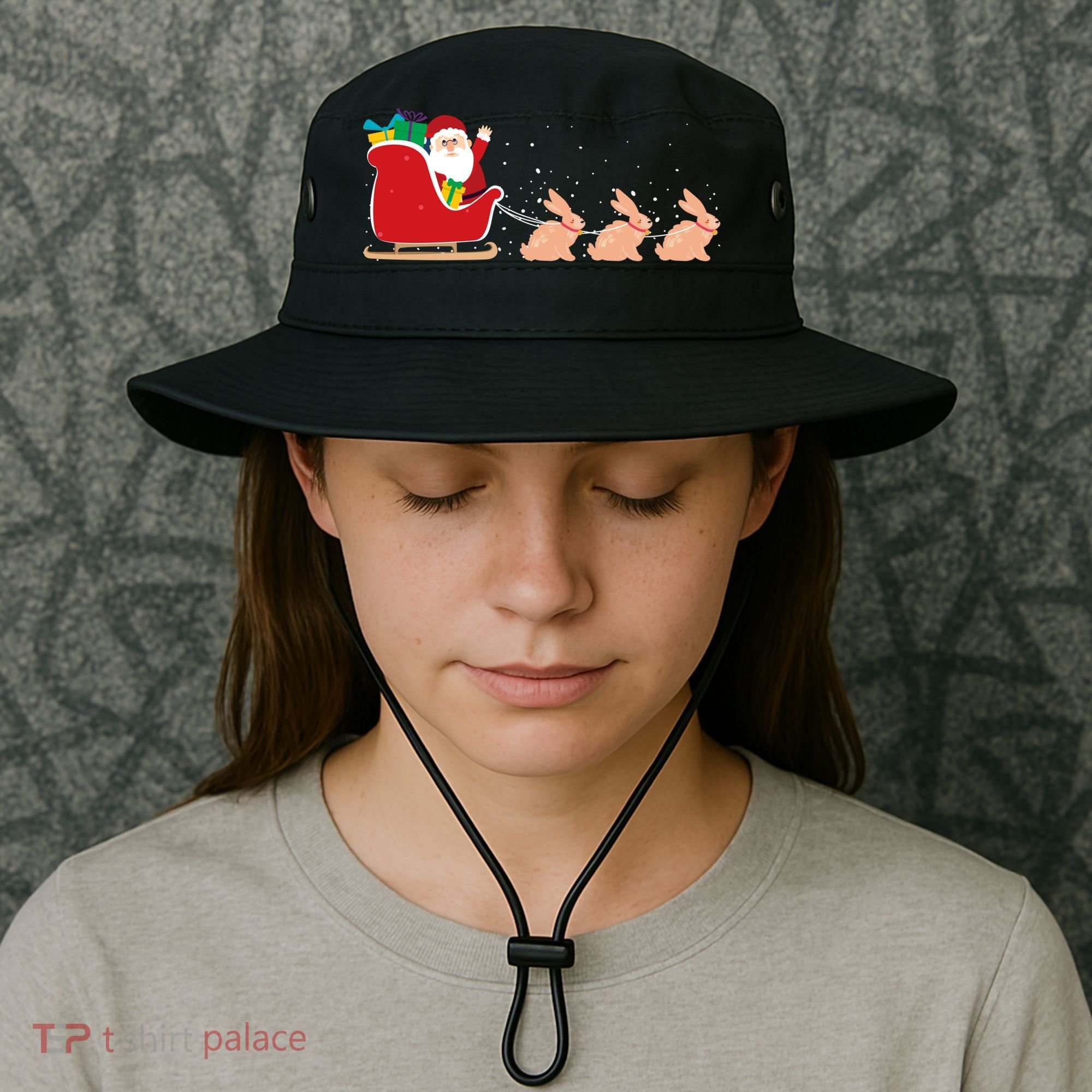 Rabbit Santa Christmas Sleigh Funny Rabbit Xmas Gift Bucket Hat