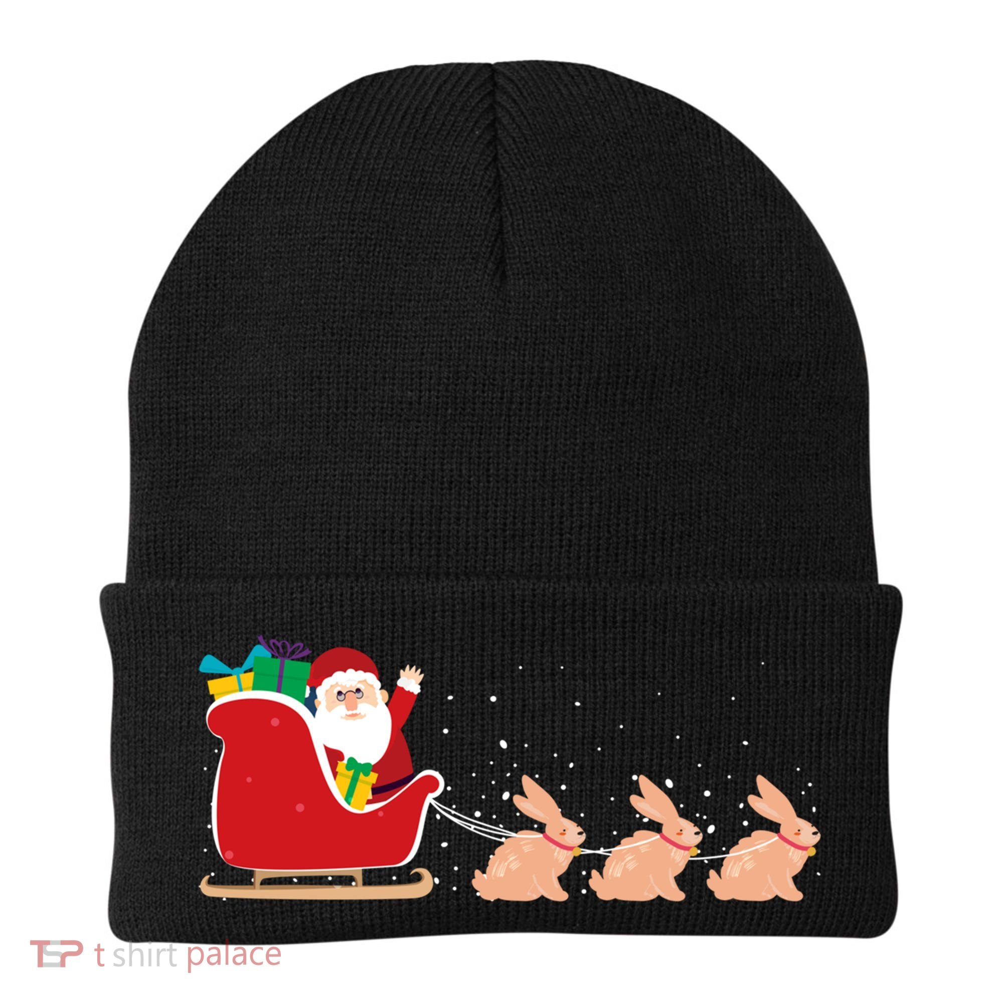 Rabbit Santa Christmas Sleigh Funny Rabbit Xmas Gift Beanie
