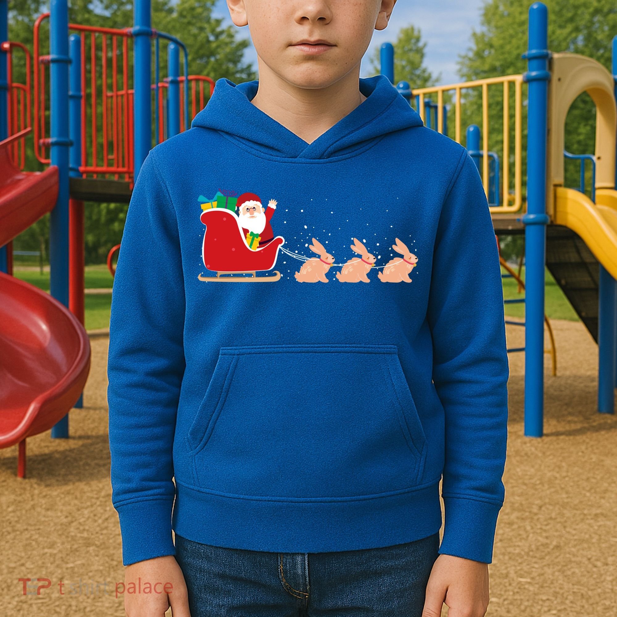 Rabbit Santa Christmas Sleigh Funny Rabbit Xmas Gift Kids Hoodie