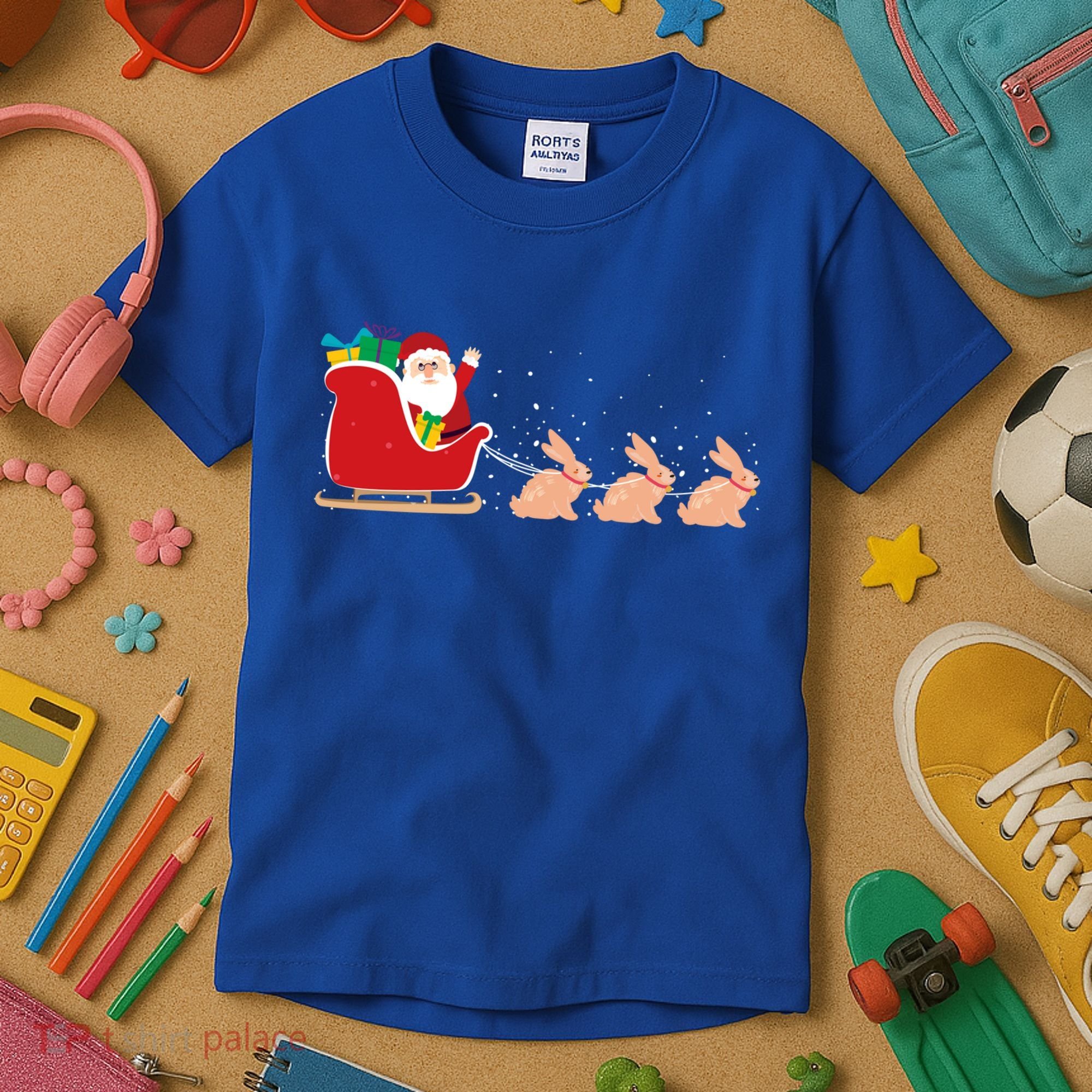 Rabbit Santa Christmas Sleigh Funny Rabbit Xmas Gift Kids T-Shirt